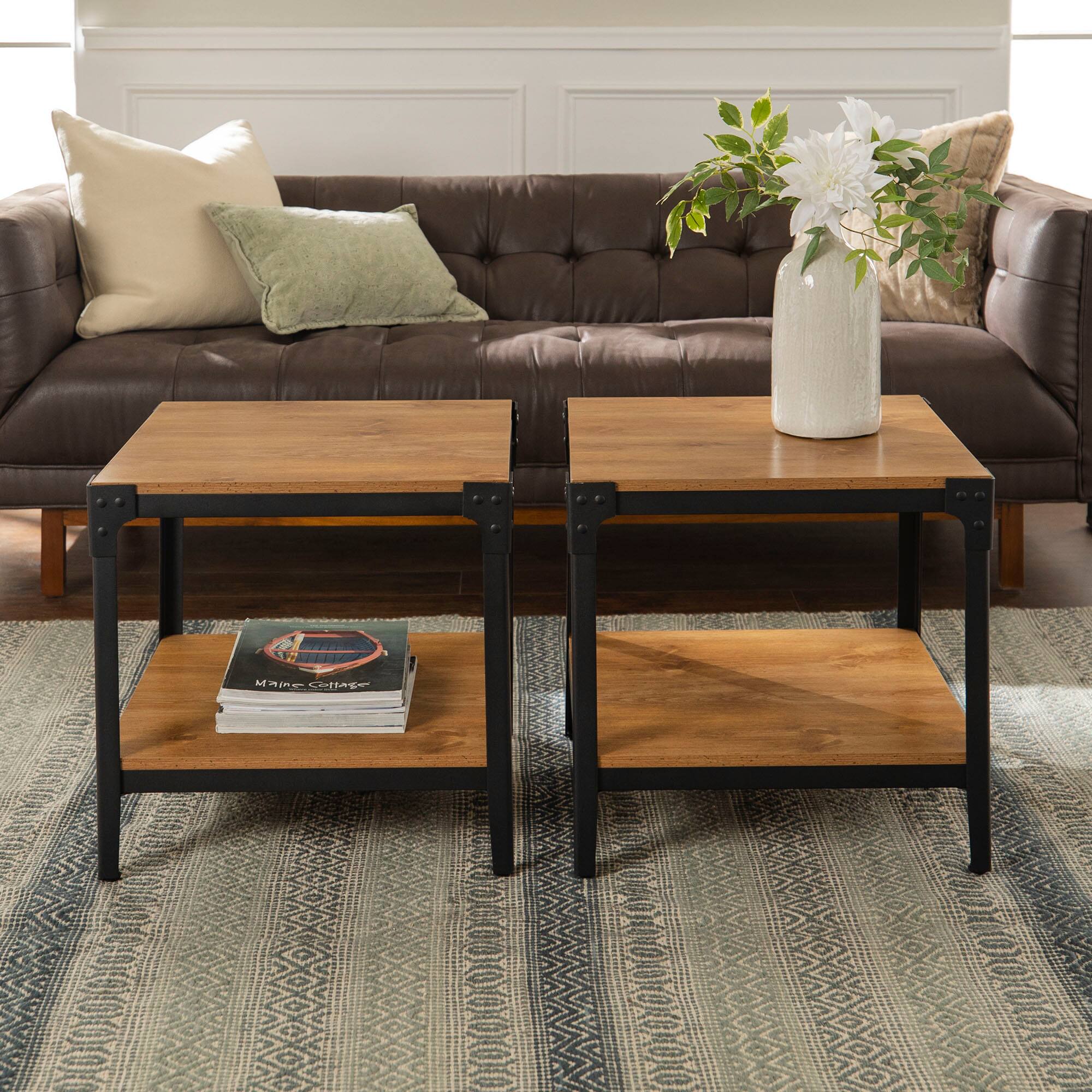 Walker Edison Barnwood Angle Iron Rustic Wood Side Table Set