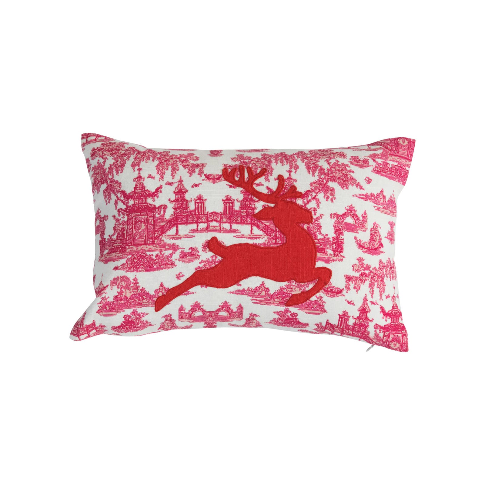 14&#x22; Red &#x26; White Cotton Lumbar Toile Print Pillow