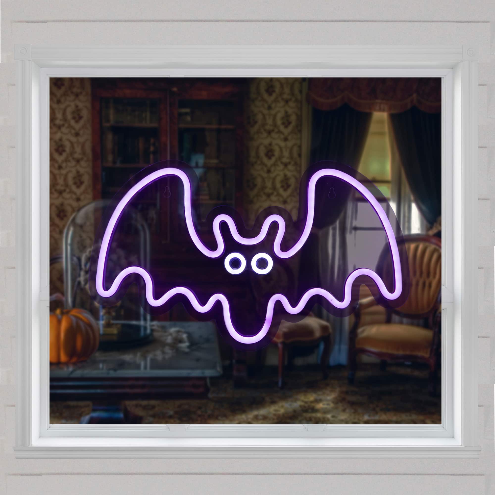 15&#x22; Purple LED Neon Style Purple Bat Halloween Window Silhouette