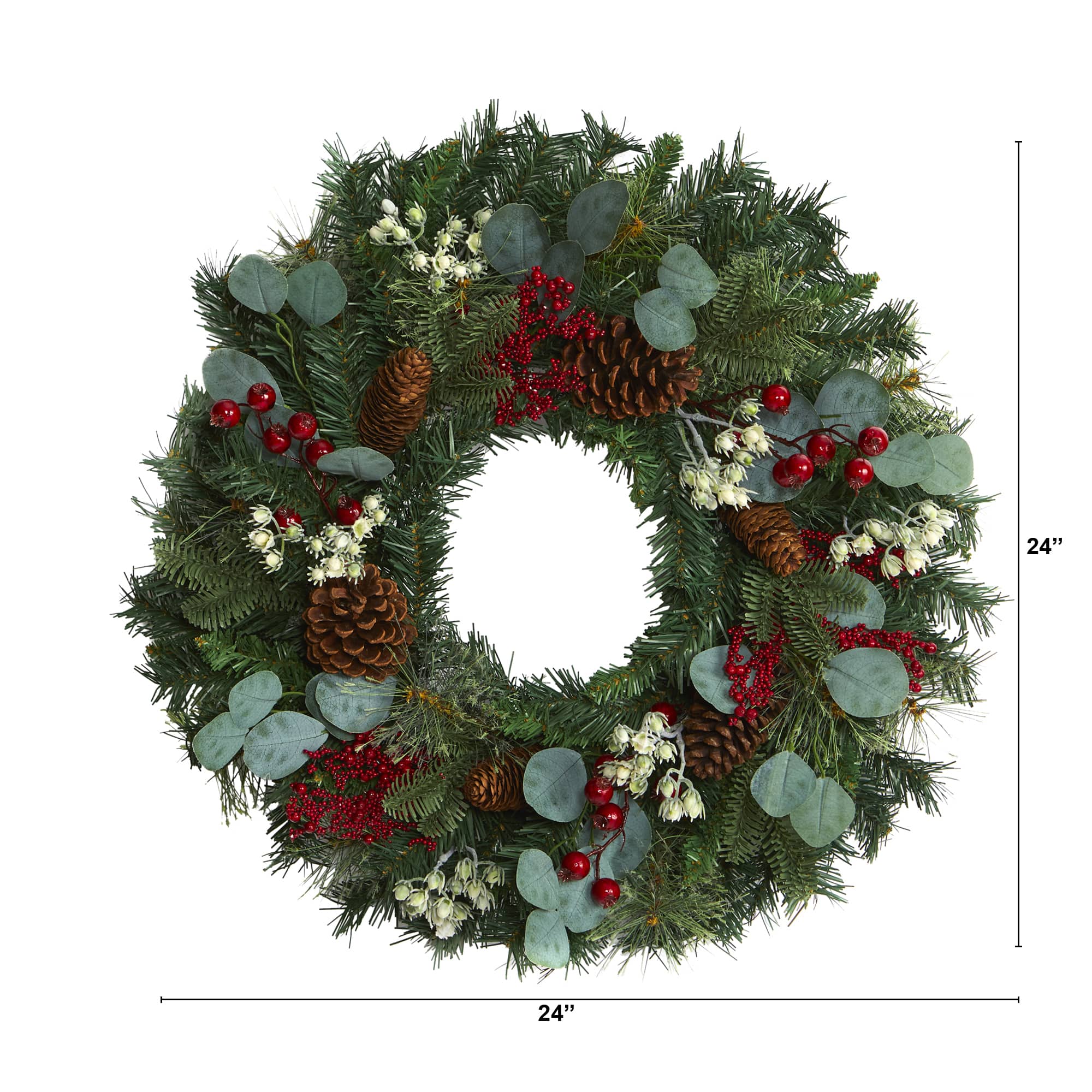 24" Eucalyptus & Pine Wreath with Berries and Pinecones