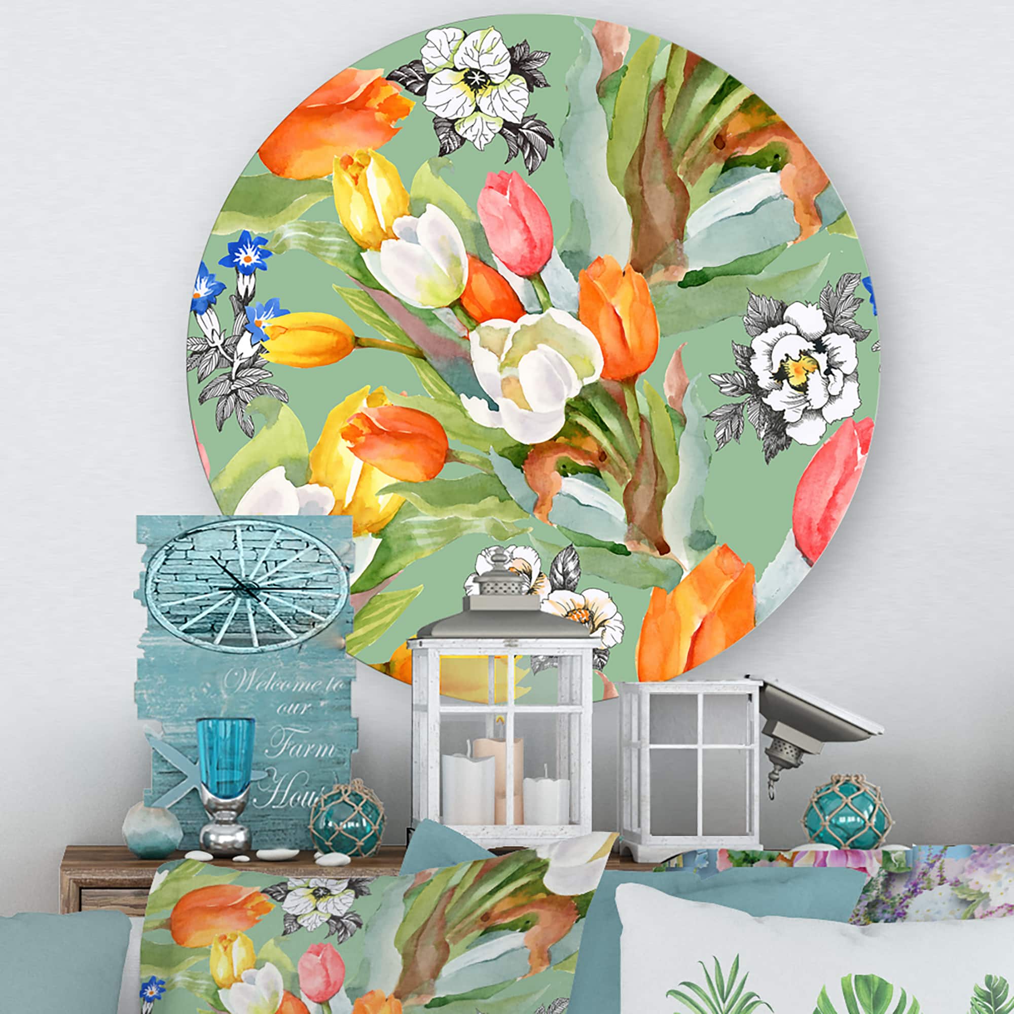 Designart - Blooming White and Orange Tulips III - Traditional Metal Circle Wall Art