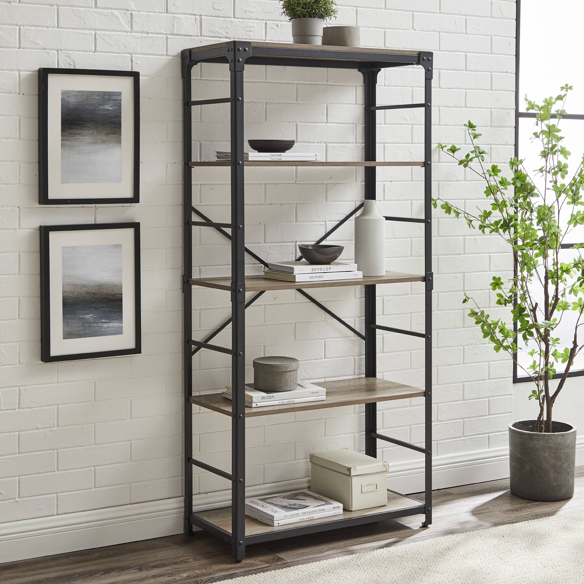 Walker Edison 64&#x22; Graywash Angle Iron Industrial Bookcase