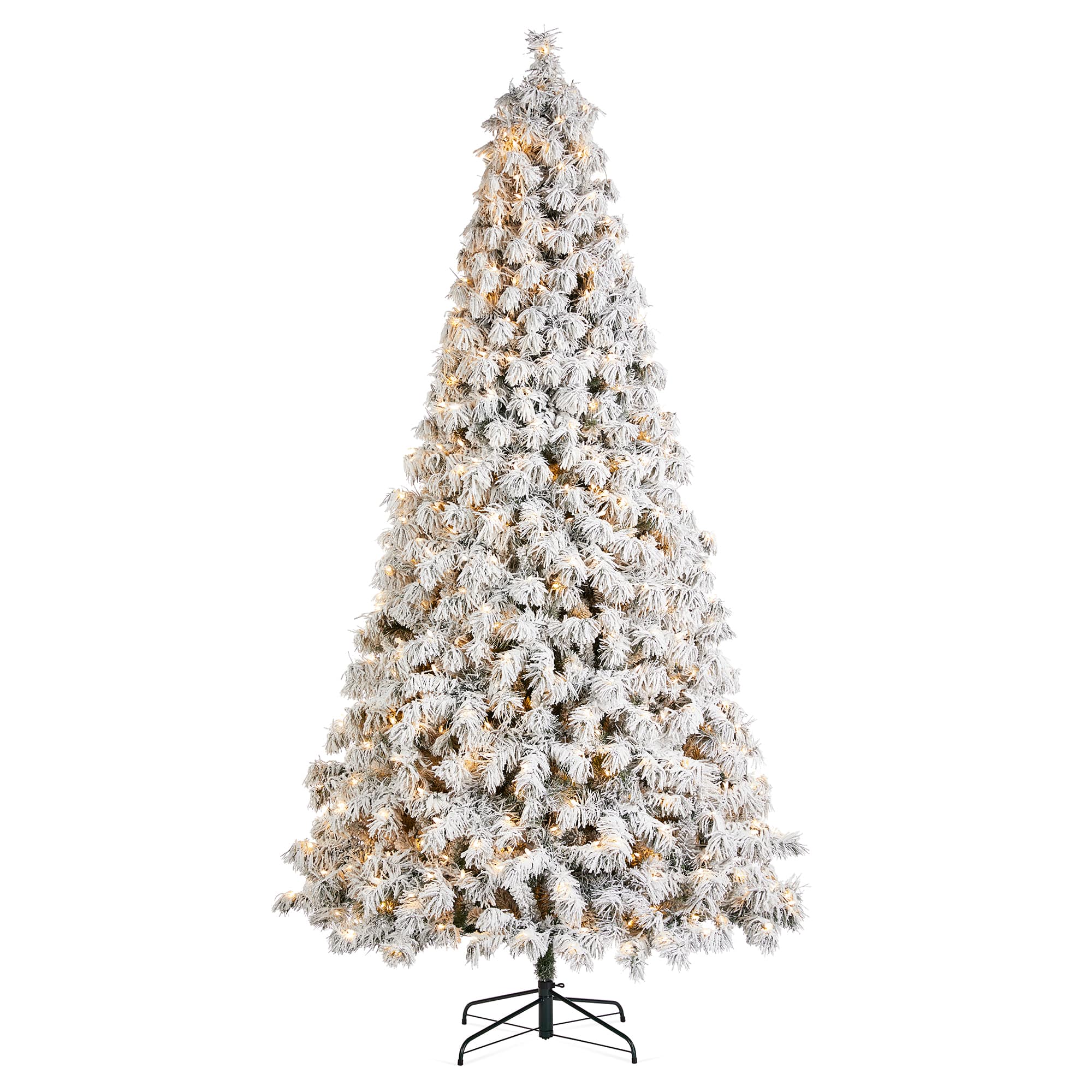 Glitzhome® 9ft Pre-Lit Flocked Full Spruce Artificial Christmas Tree, Warm White LED Lights