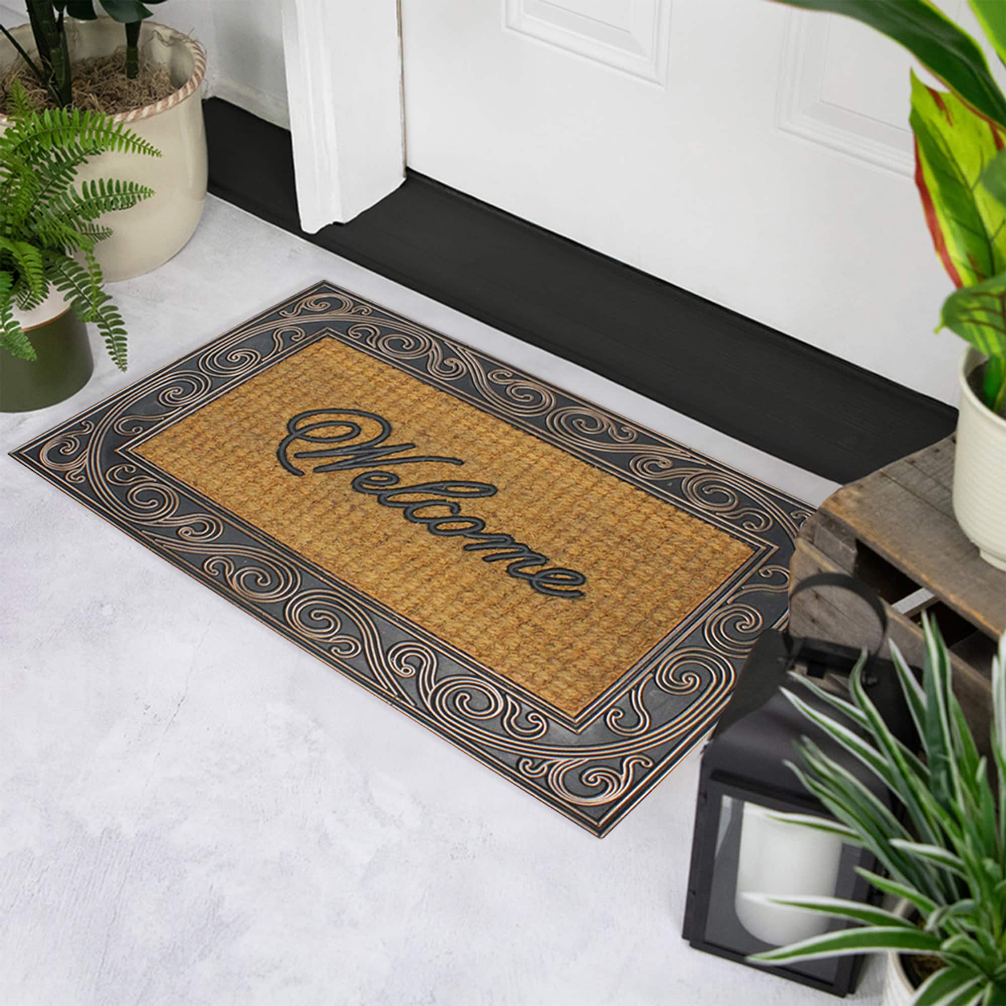 Brown &#x26; Black Scrollwork Rectangular Welcome Doormat