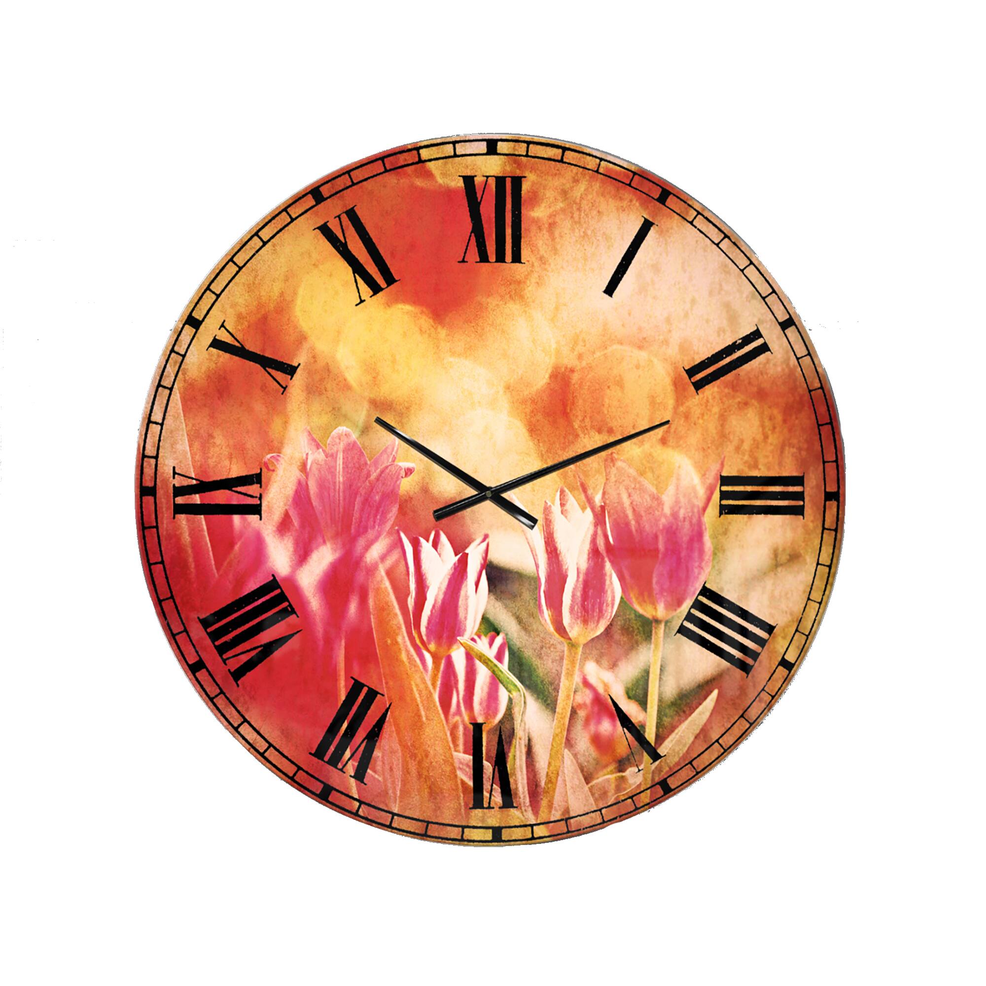 Designart 'Tulips On Abstract Red Background Traditional Wall Clock