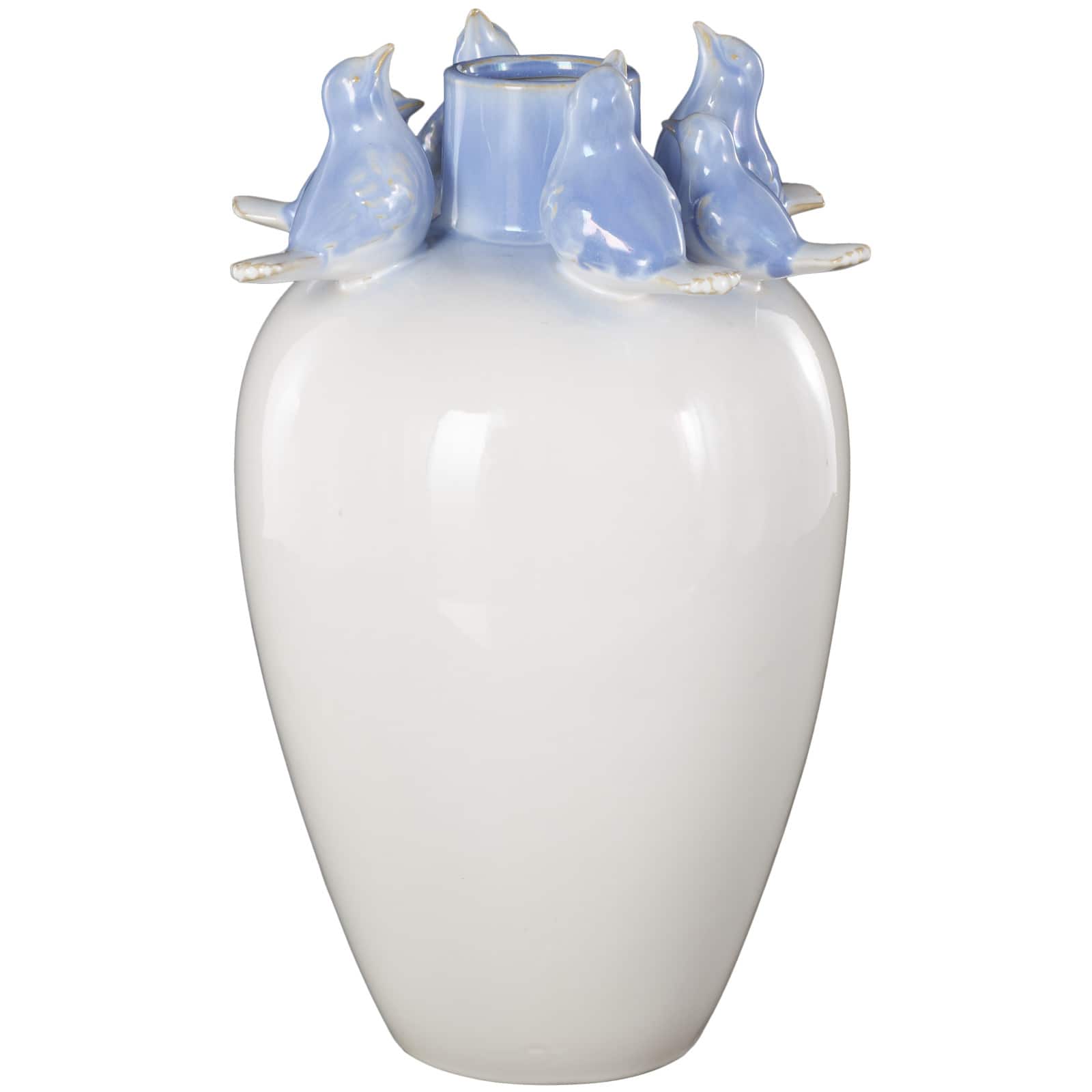 13&#x22; White Ceramic Bird Decorative Vase with Blue Accents