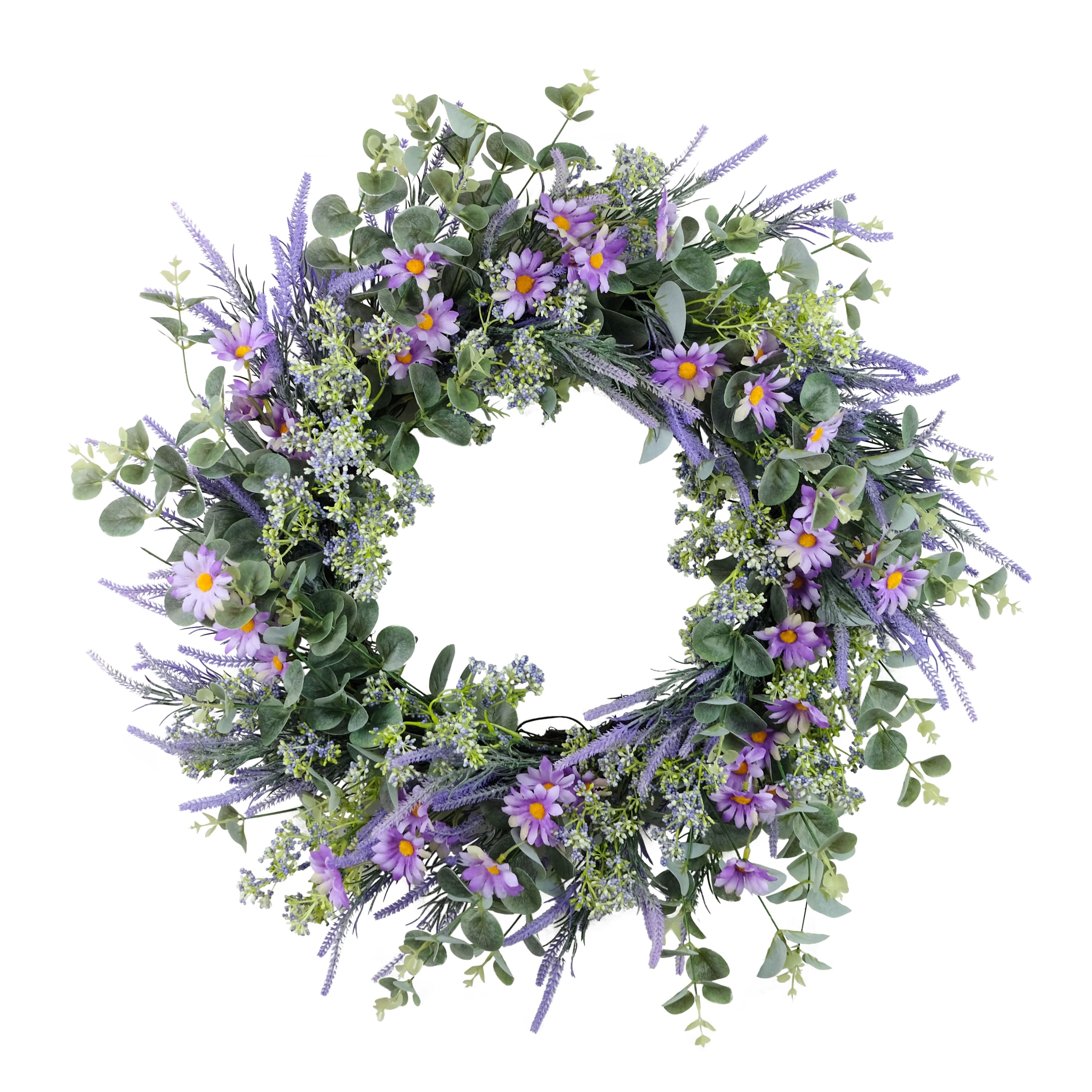 24&#x22; Purple Spring Daisy, Lavender &#x26; Eucalyptus Floral Wreath
