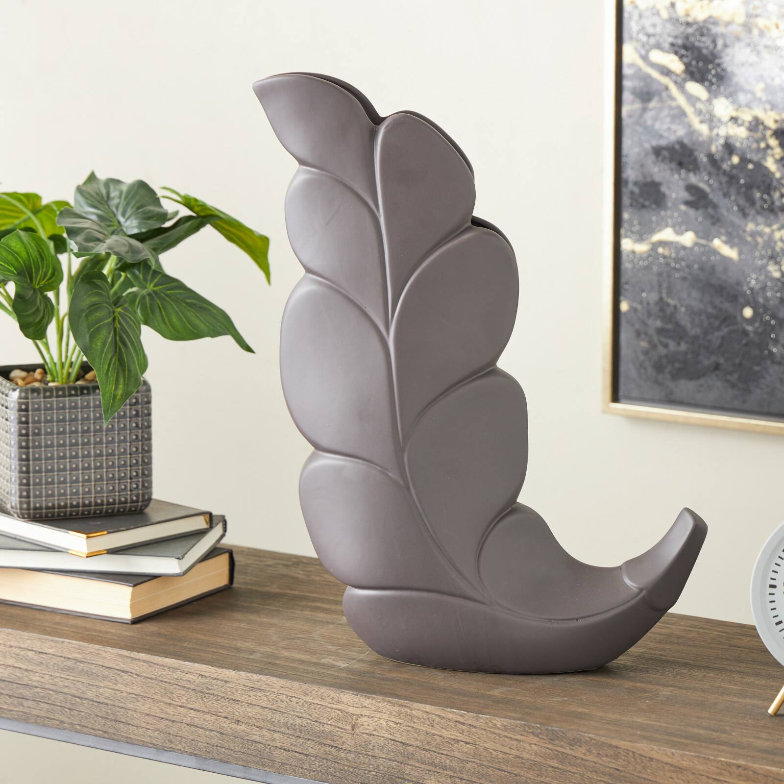 19" Black Slanted Ceramic Leaf Vase