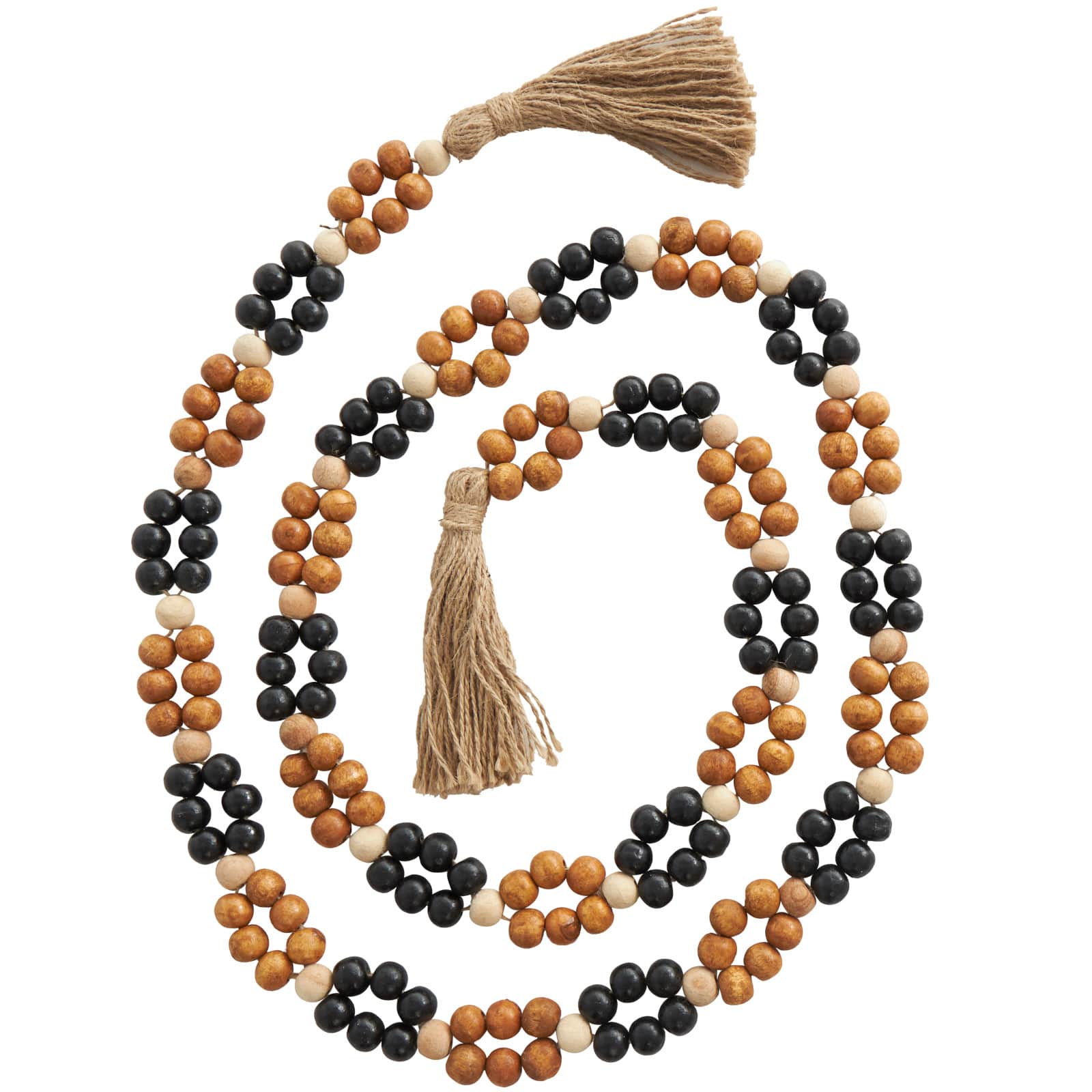 80&#x22; Handmade Mango Wood Round Double Layered Carved Bead Garland with Tassels