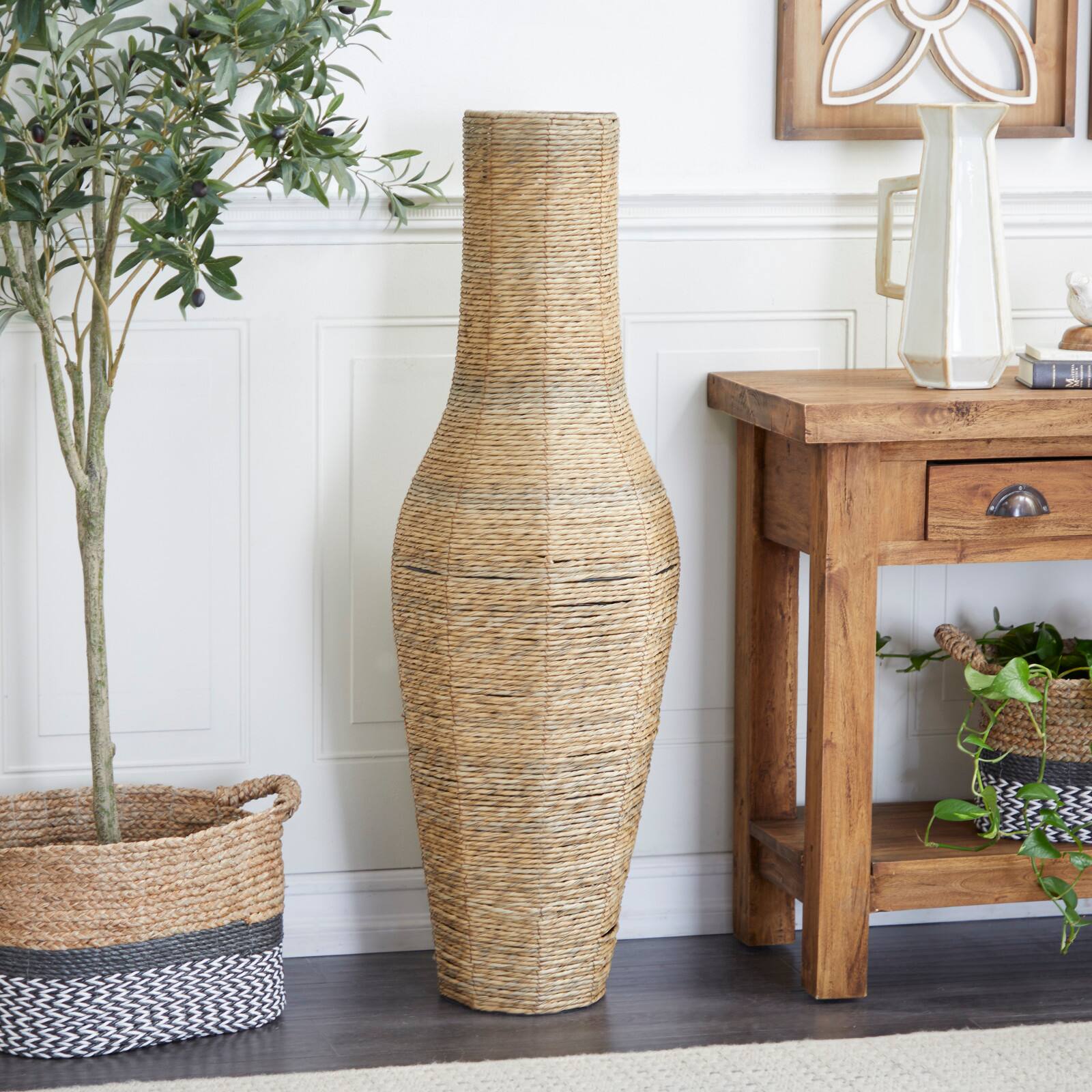 Brown Faux Seagrass Handmade Tall Woven Floor Vase 14&#x22; x 14&#x22; x 44&#x22;