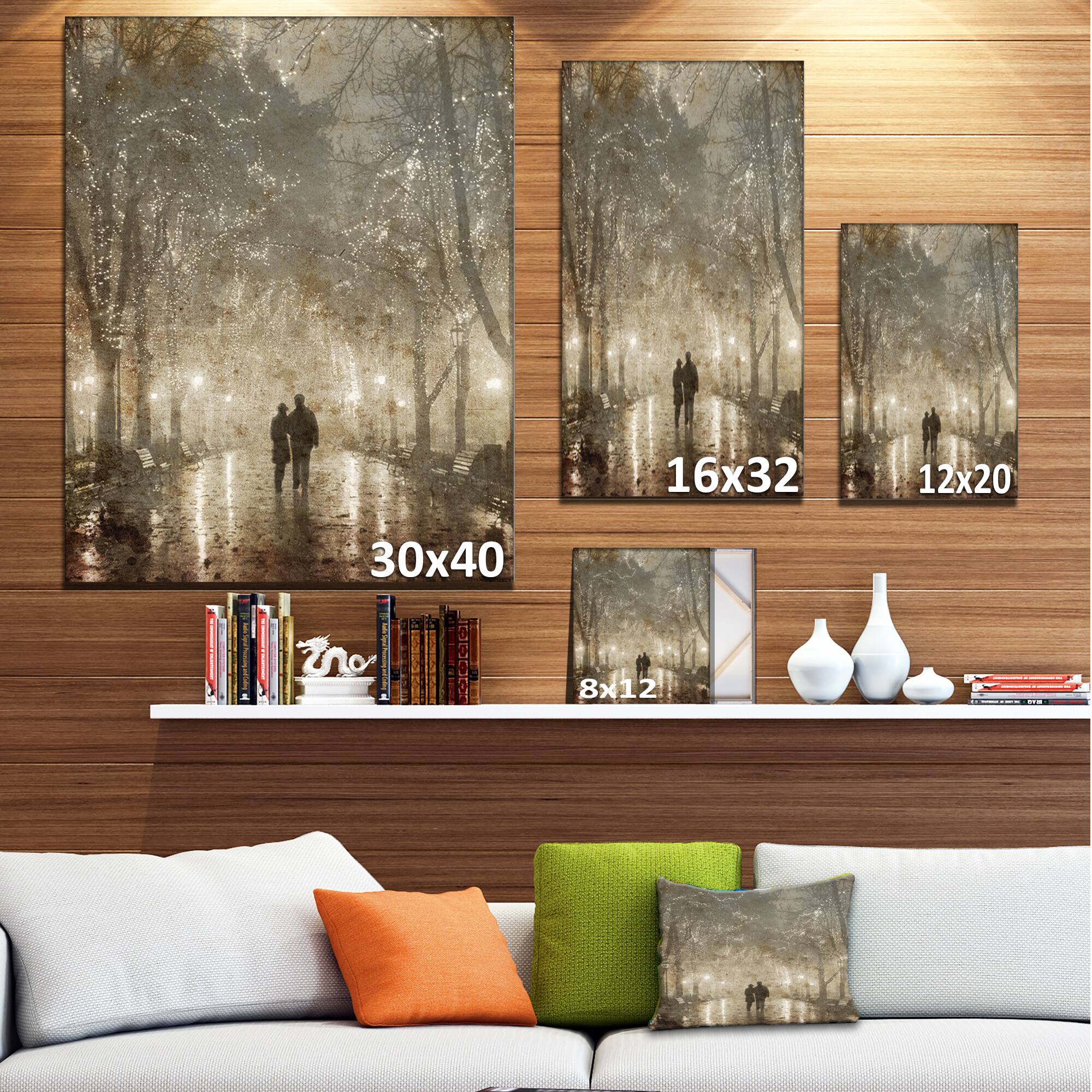 Designart - Couple Walking in Night Lights - Landscape Photography Canvas Print