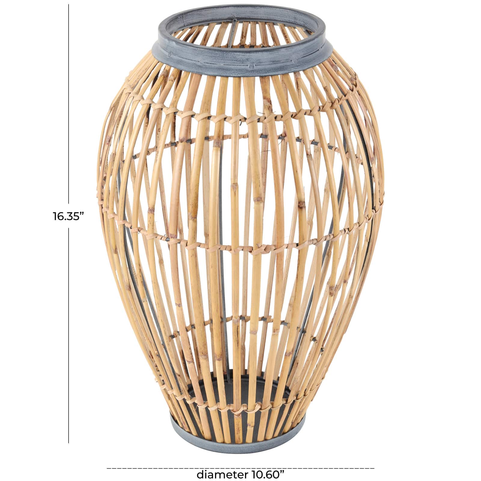 16" Brown Bamboo Handmade Open Frame Vase with Blue Metal Accents