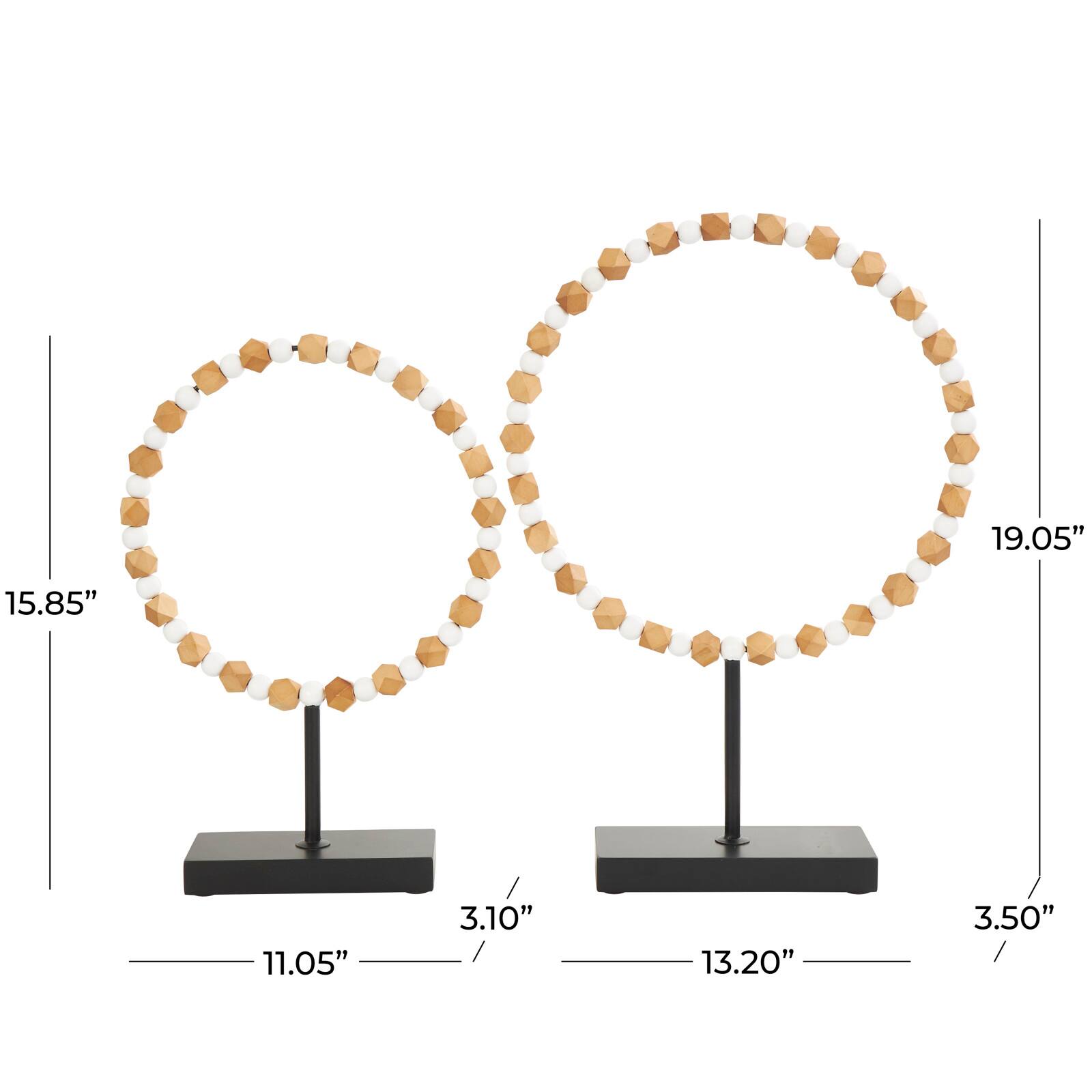 Brown Wood Geometric Beaded Ring Sculpture Set