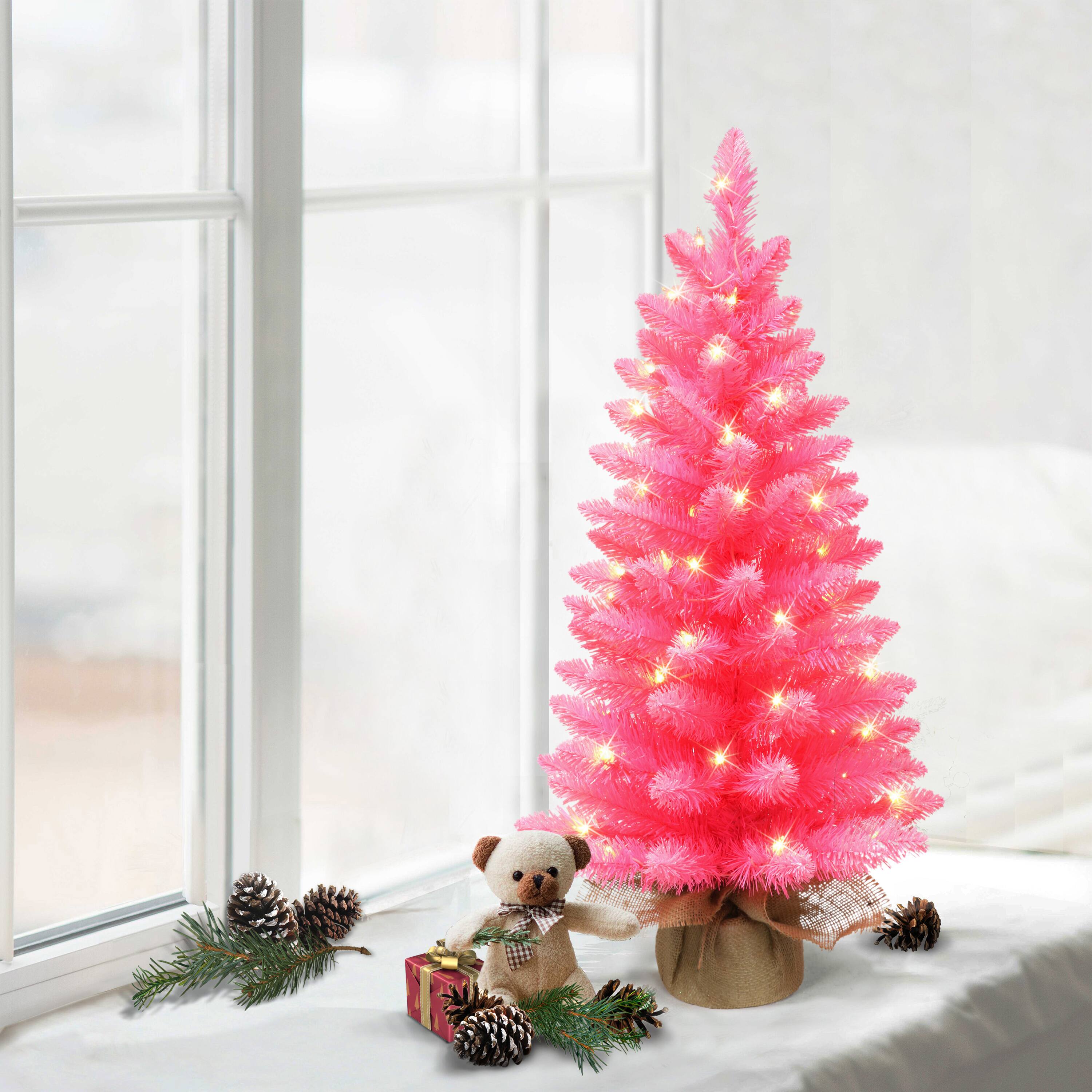6 Pack: 3ft. Pre-Lit Pink Artificial Christmas Tree, Clear LED Lights