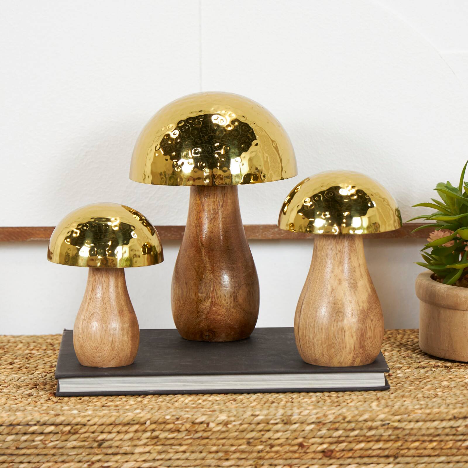 Gold Stainless Steel & Wood Mushroom Hammered Sculpture Set