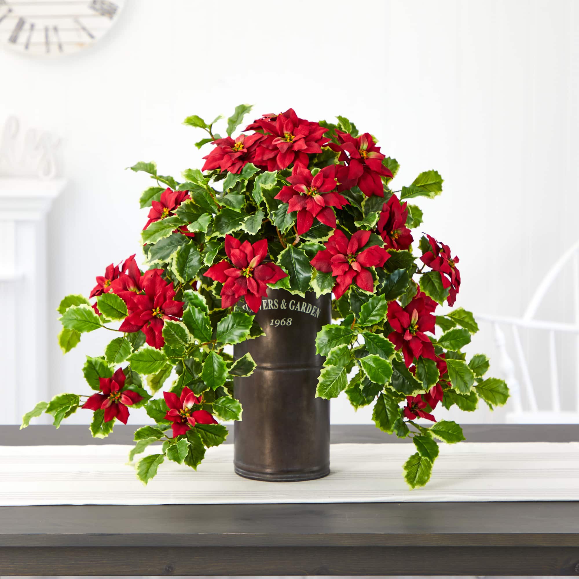 21" Poinsettia & Variegated Holly Plant in Decorative Planter