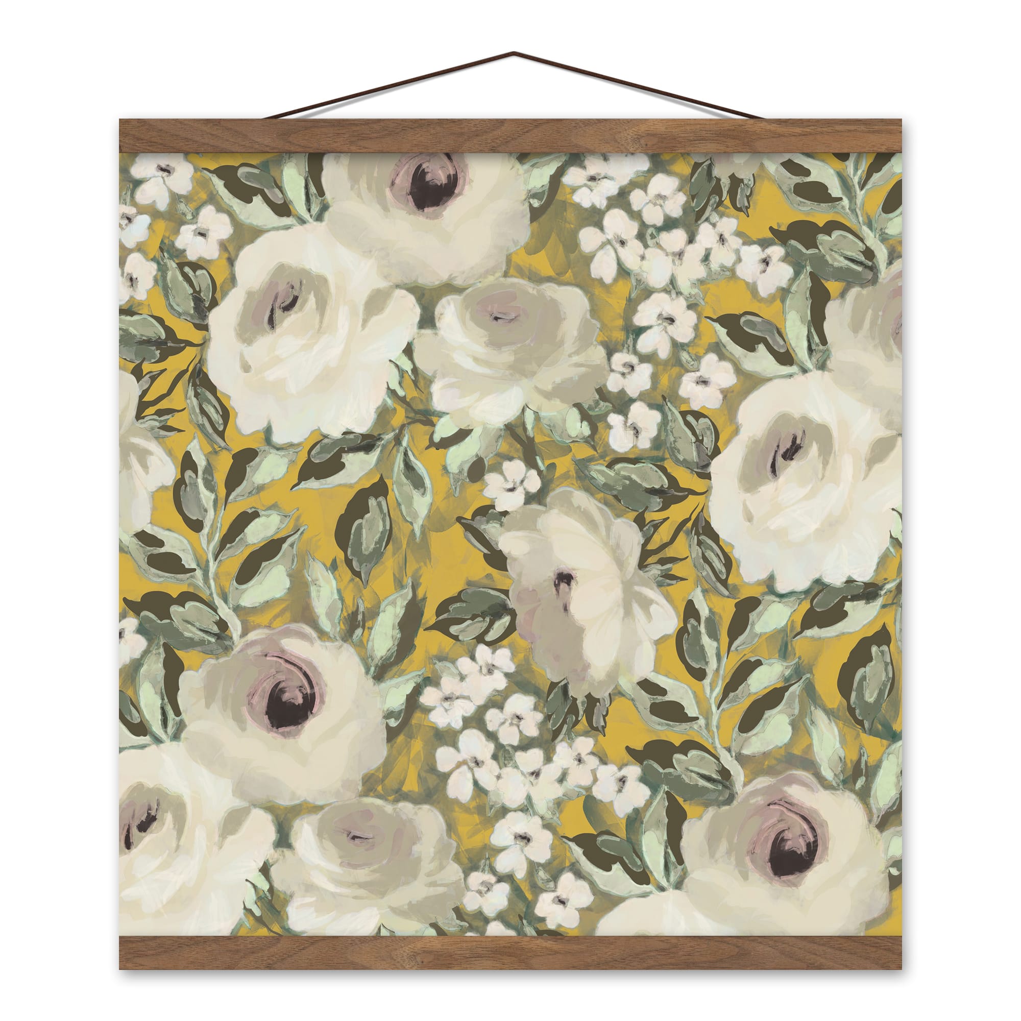 Yellow Floral Teak Hanging Canvas