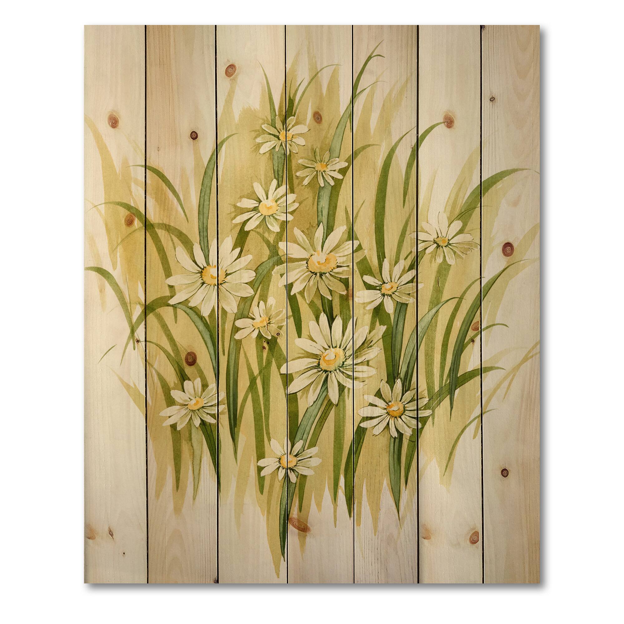 Designart - White Meadow Flowers - Traditional Print on Natural Pine Wood