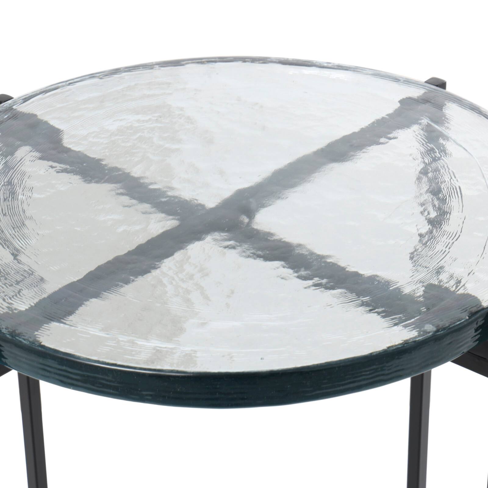 24&#x22; Metal X-Shaped Accent Table with Textured Glass Tabletop