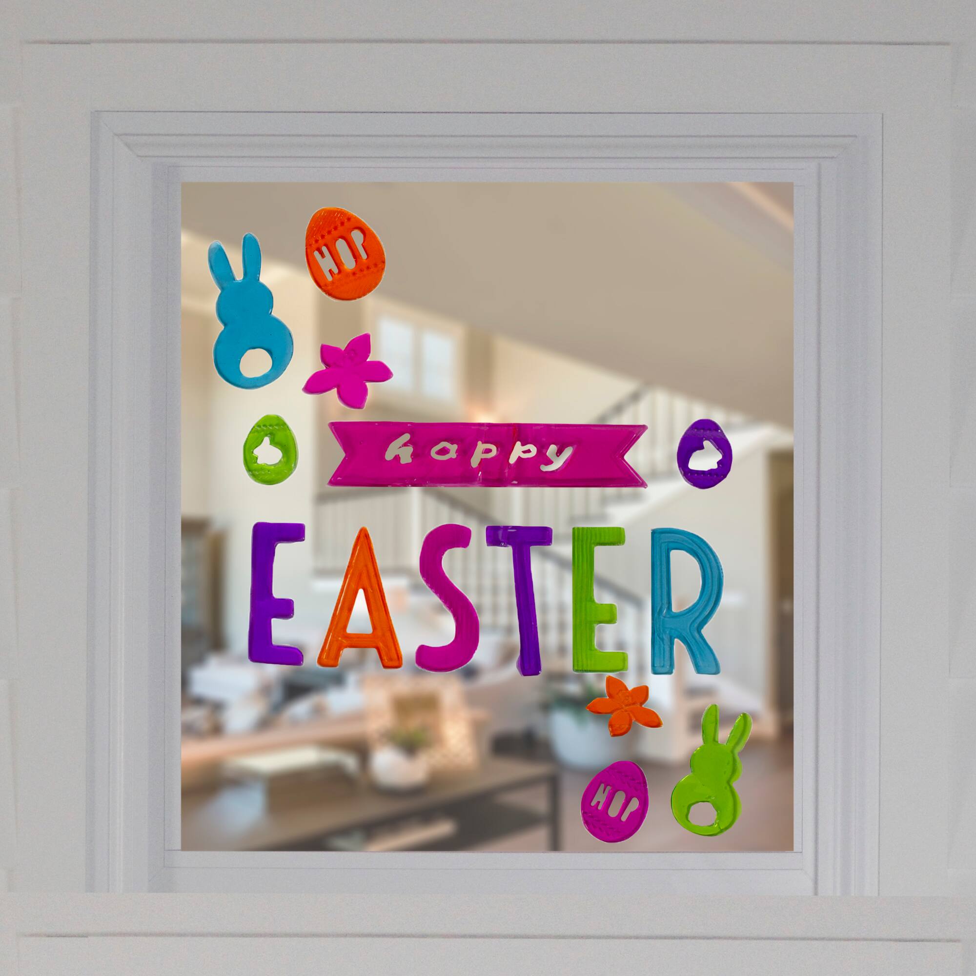 Pink &#x26; Orange Happy Easter Bunny Spring Gel Window Clings