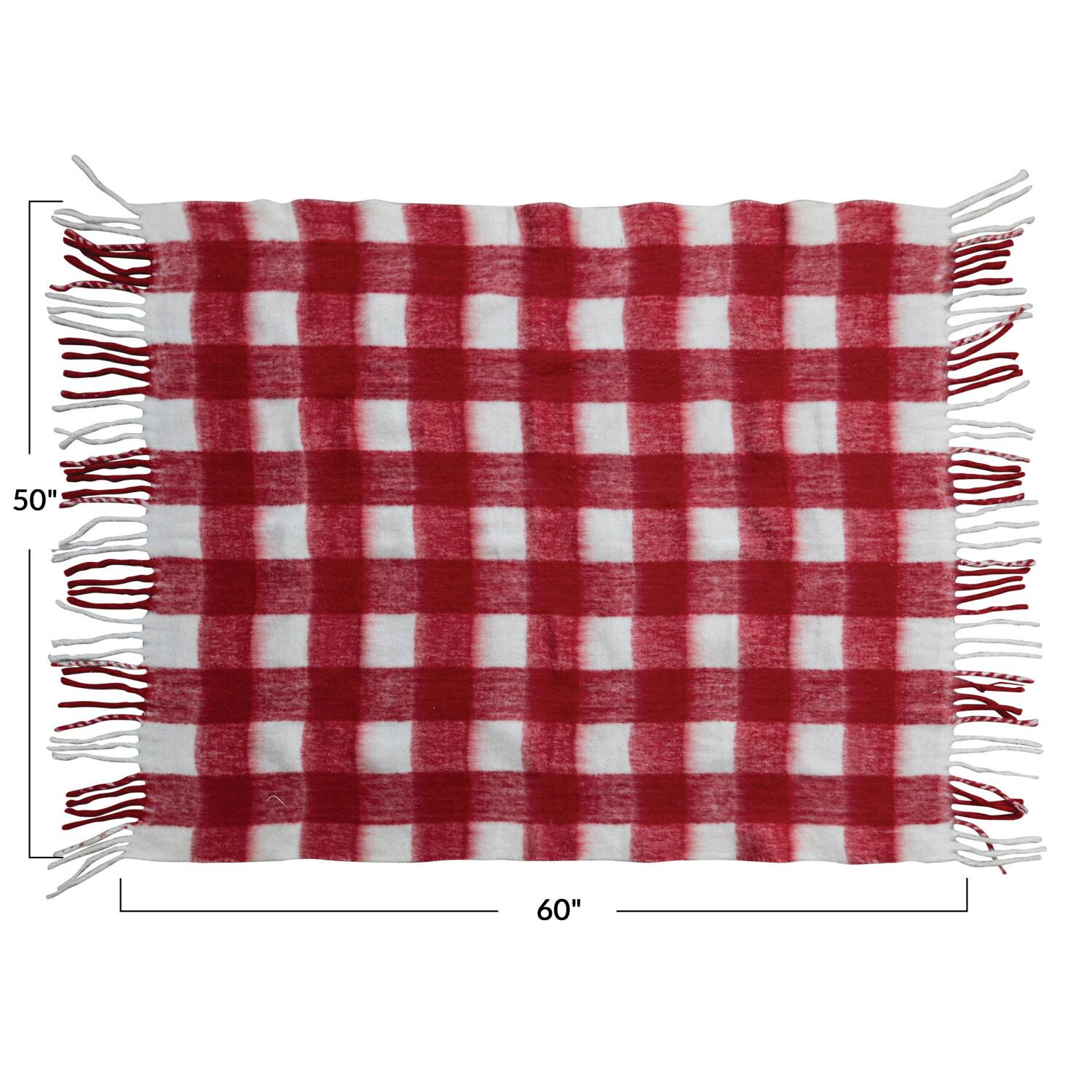 Red &#x26; White Plaid Woven Acrylic Throw with Fringe