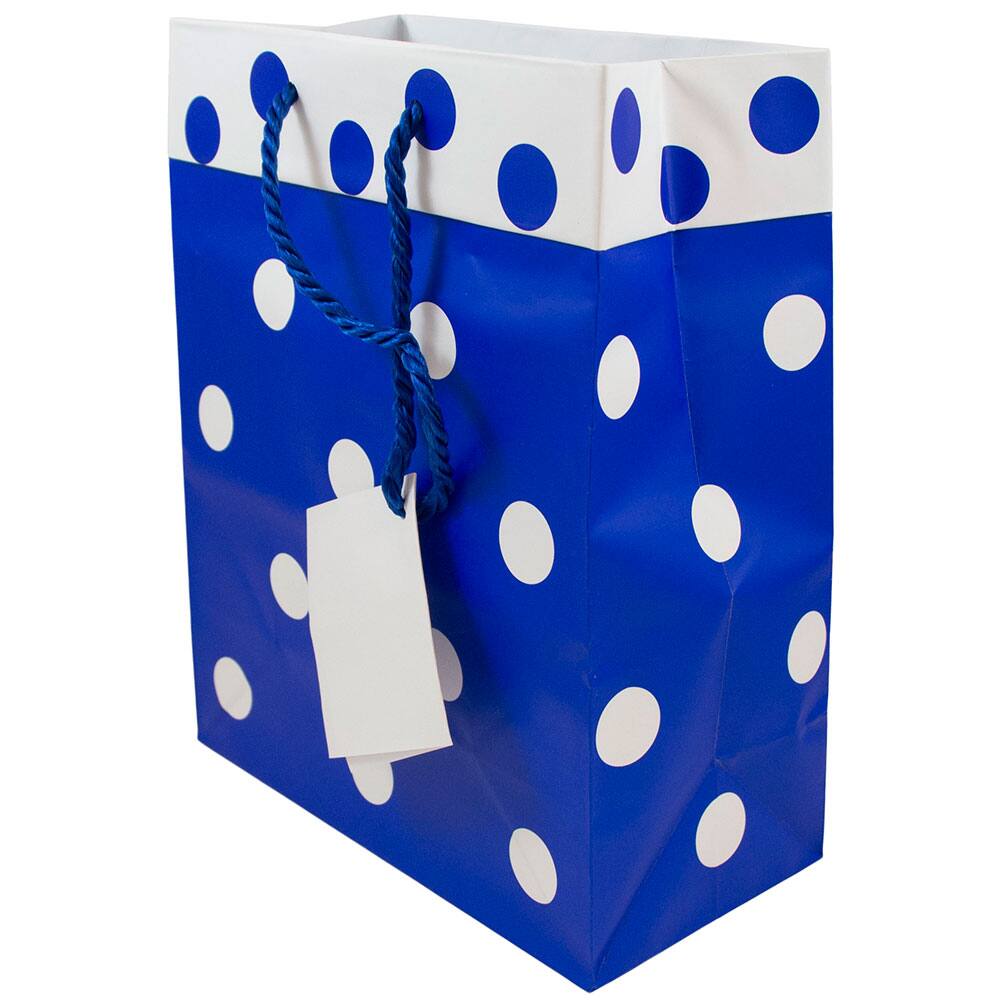 JAM Paper Medium Blue &#x26; White Polka Dot Matte Gift Bags, 24ct.