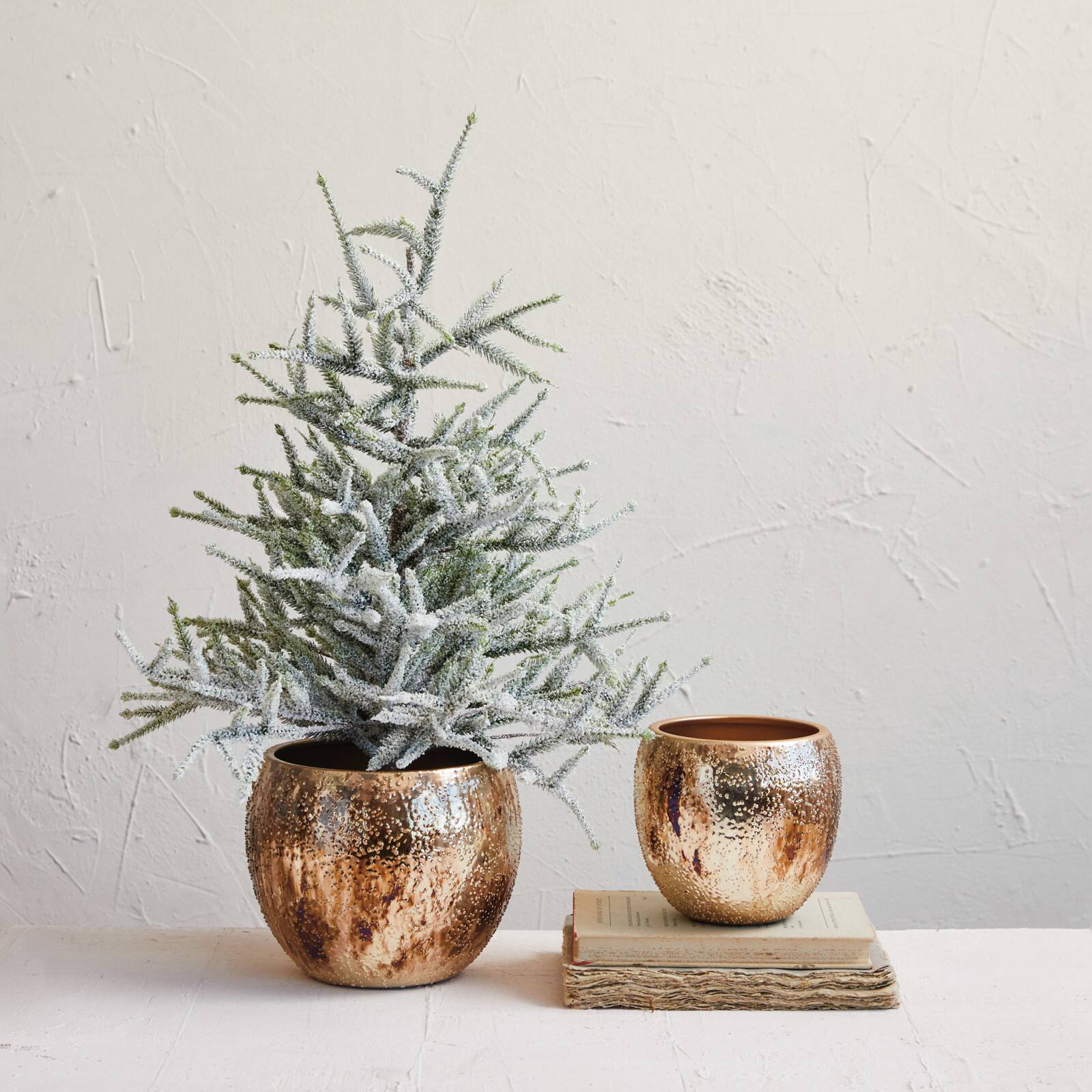Hello Honey® Antique Gold Round Textured Metal Planters, 2ct.