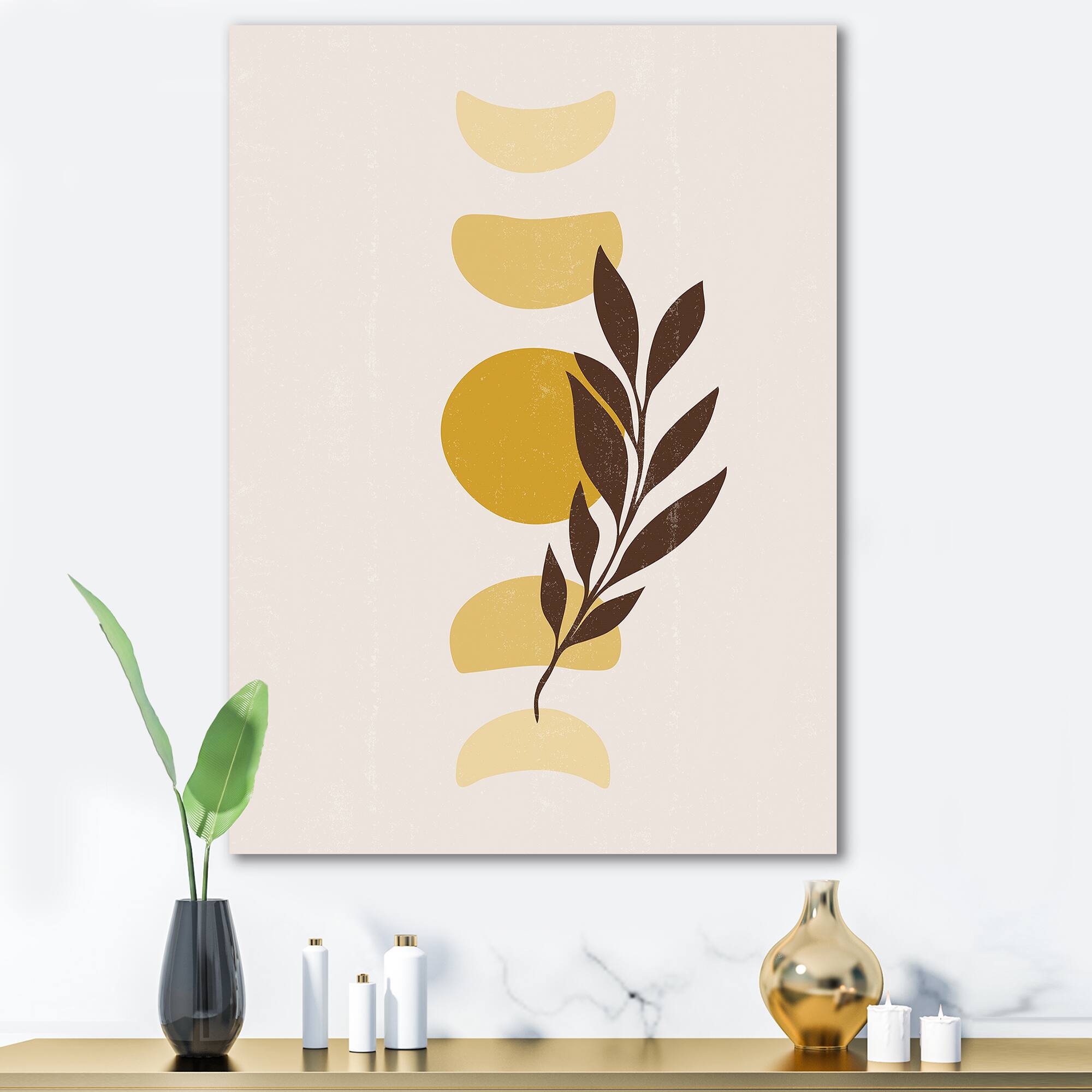 Designart - Abstract Geometrical Sun and Moon With Leaf VII - Modern Canvas Wall Art Print