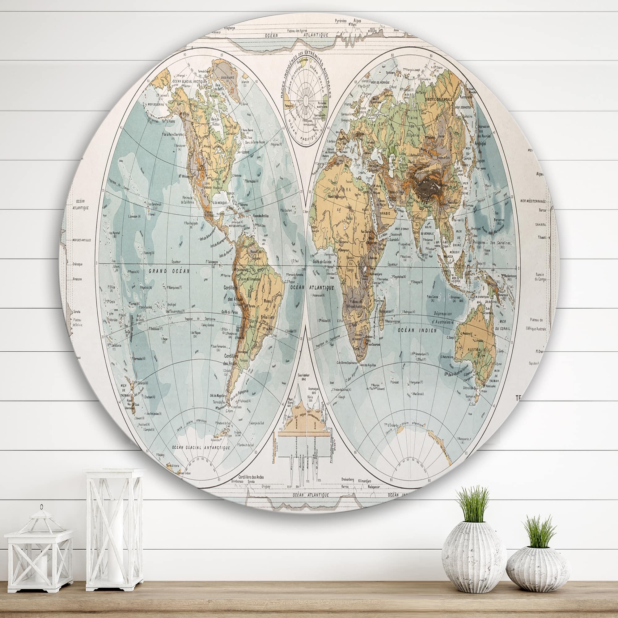 Designart - Ancient Map of The World II - Rustic Metal Circle Wall Art