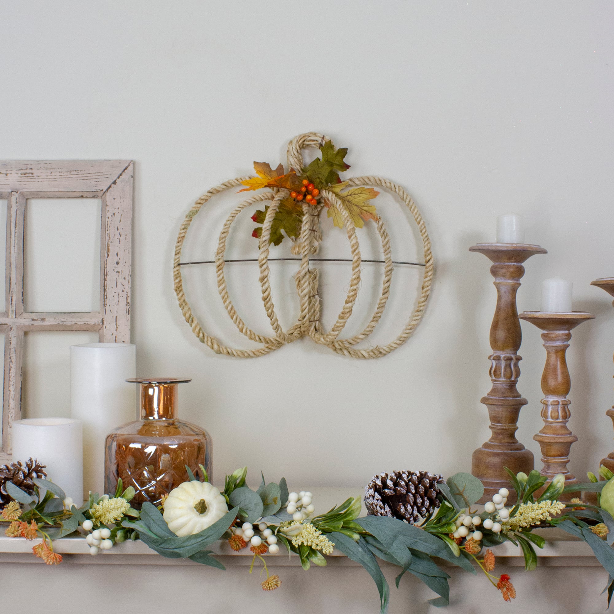 16" Autumn Foliage & Rope Pumpkin Wall Décor