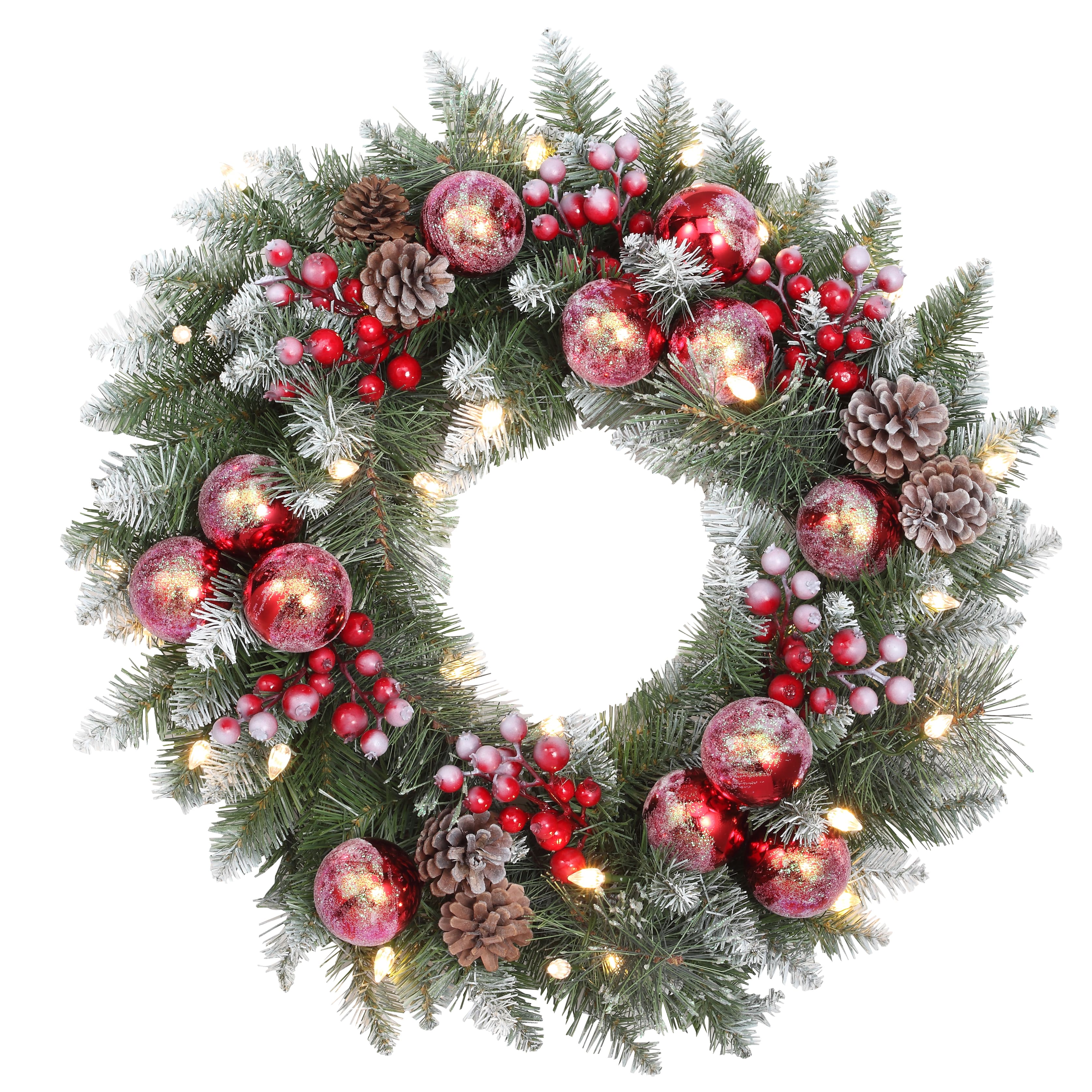 Haute Decor 24&#x22; Pre-Lit Frosted Ithica Pine Wreath, Soft White LED Lights