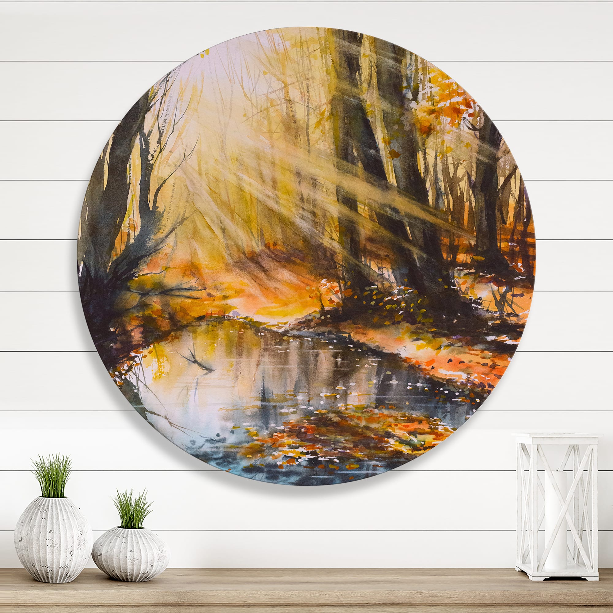 Designart - Bright Sunshine Through The Forest Trees III - Lake House Metal Circle Wall Art