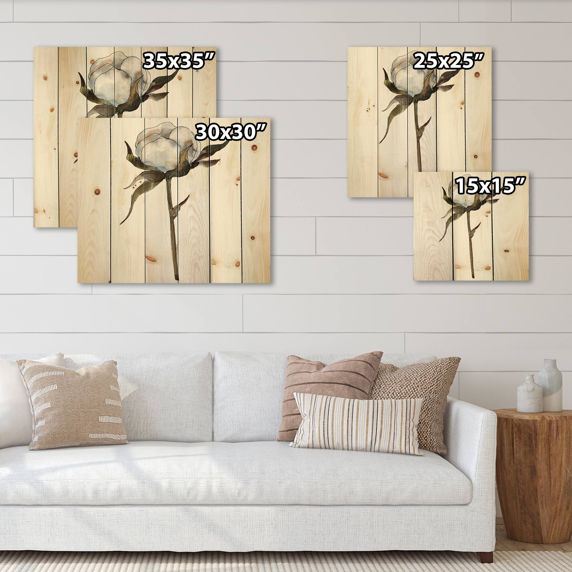 Designart - Retro Cotton Flower - Traditional Print on Natural Pine Wood