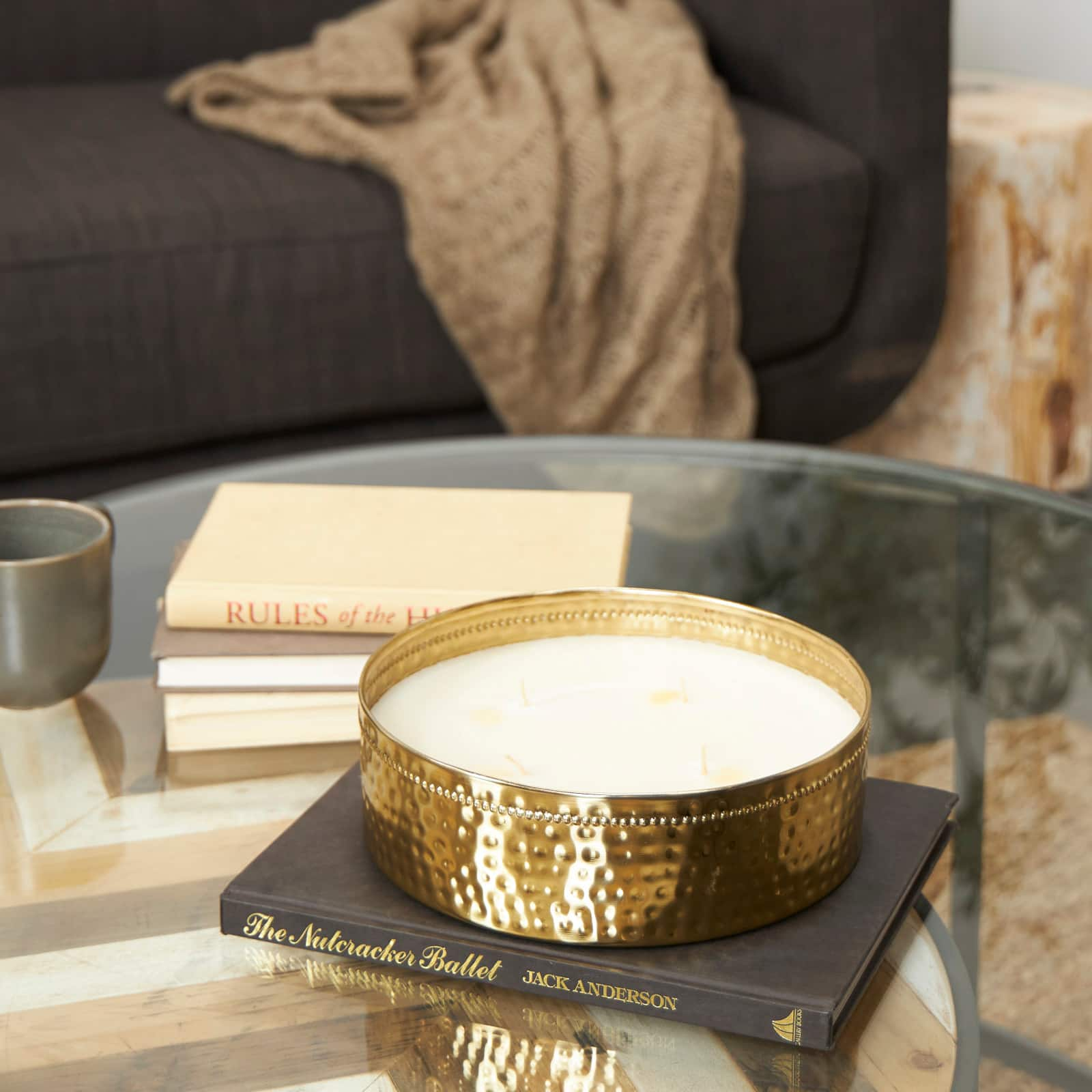 Jasmine Scented 4-Wick Candle in Wide Hammered Gold Bowl