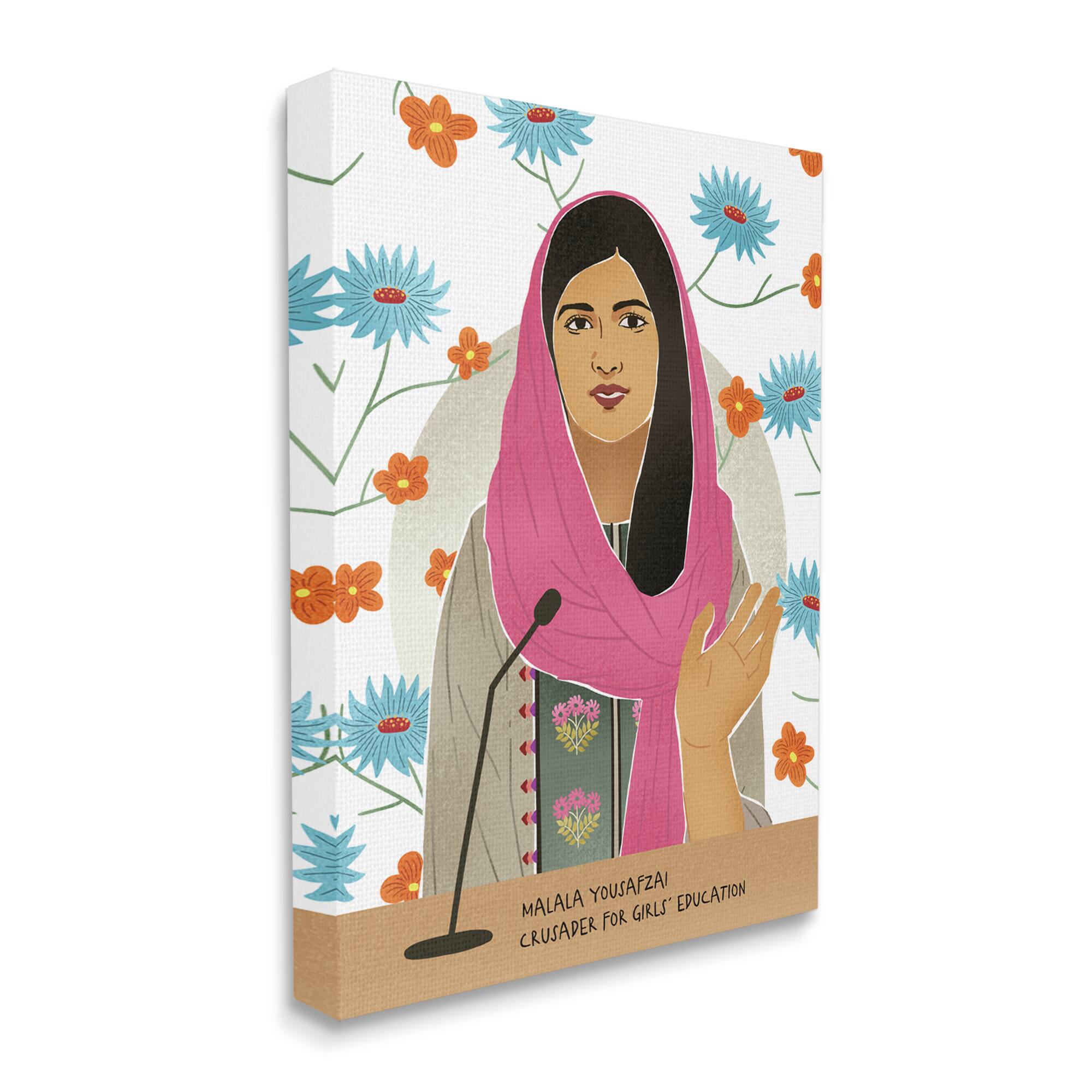 Stupell Industries Malala Yousafzai Speech Over Blue & Orange Flowers Wall Art