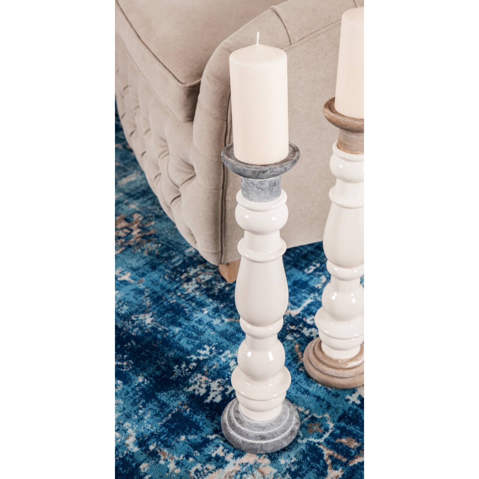 White &#x26; Dark Gray Stoneware Country Candle Holder Set