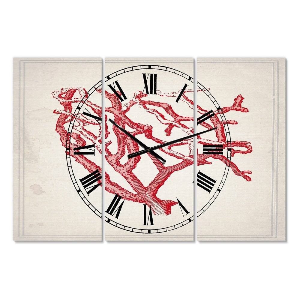 Designart Red Coral Oversized Nautical &#x26; Coastal 3 Panel Wall Clock