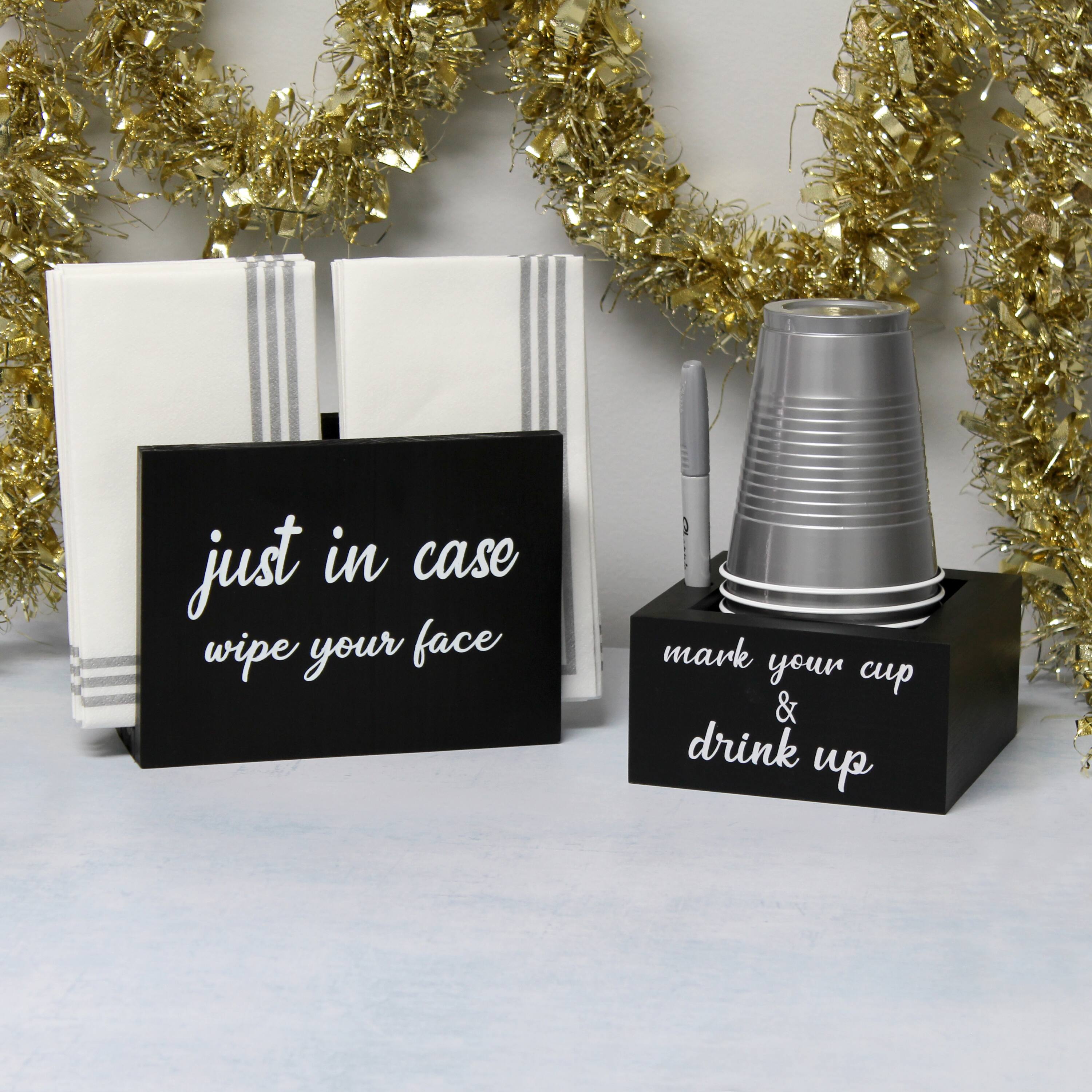 Elegant Designs™ Napkin Holder and Cup Holder Set with Black with White Script