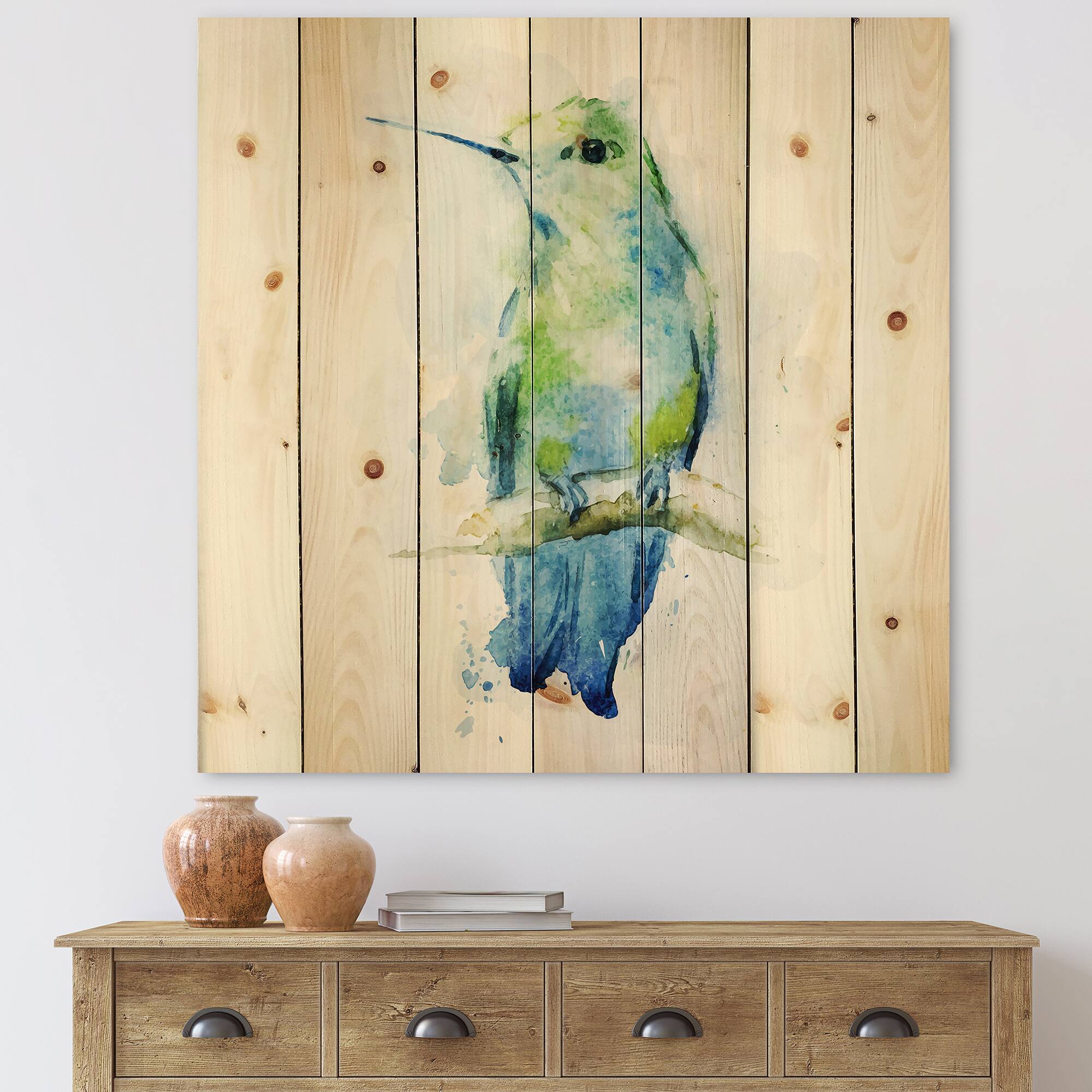 Designart - Colibri Bird - Traditional Print on Natural Pine Wood