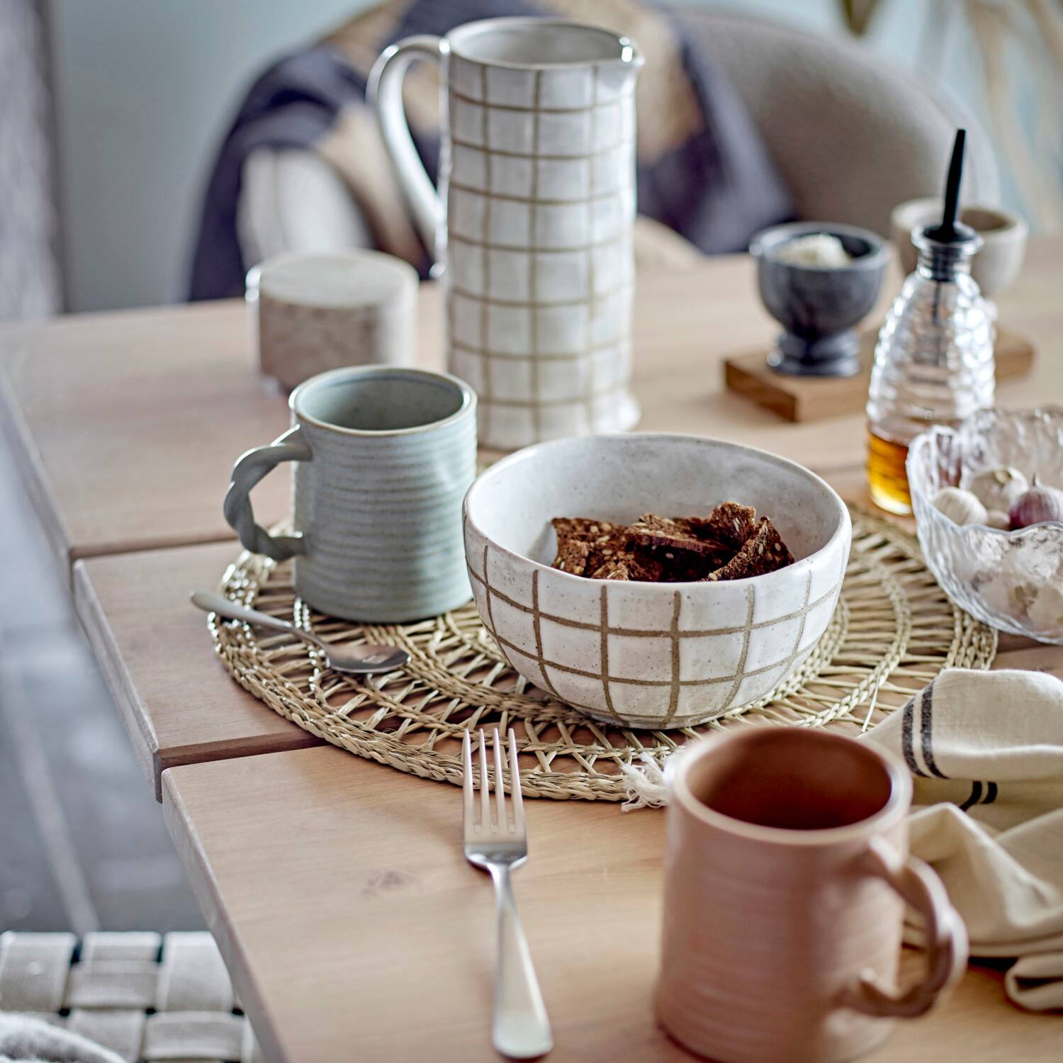 Hello Honey® 46oz. Cream & Brown Reactive Glaze Wax Relief Grid Pattern Stoneware Pitcher