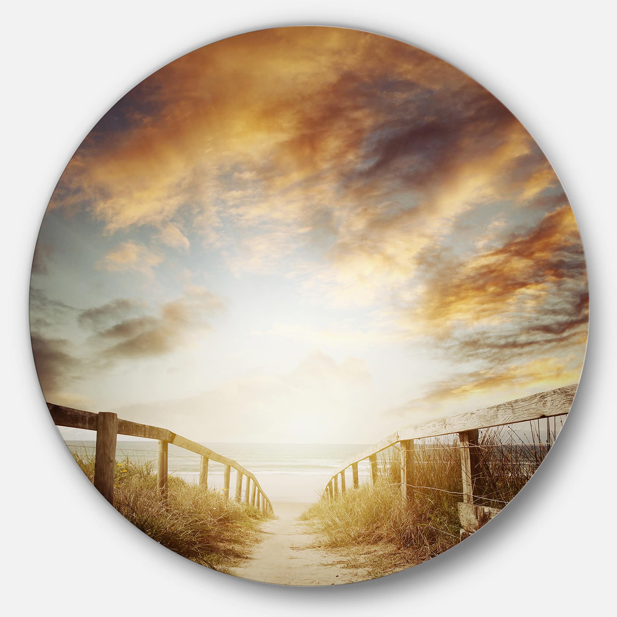 Designart - Walkway Leading to Beach Scene' Sea Bridge Metal Circle Wall Art