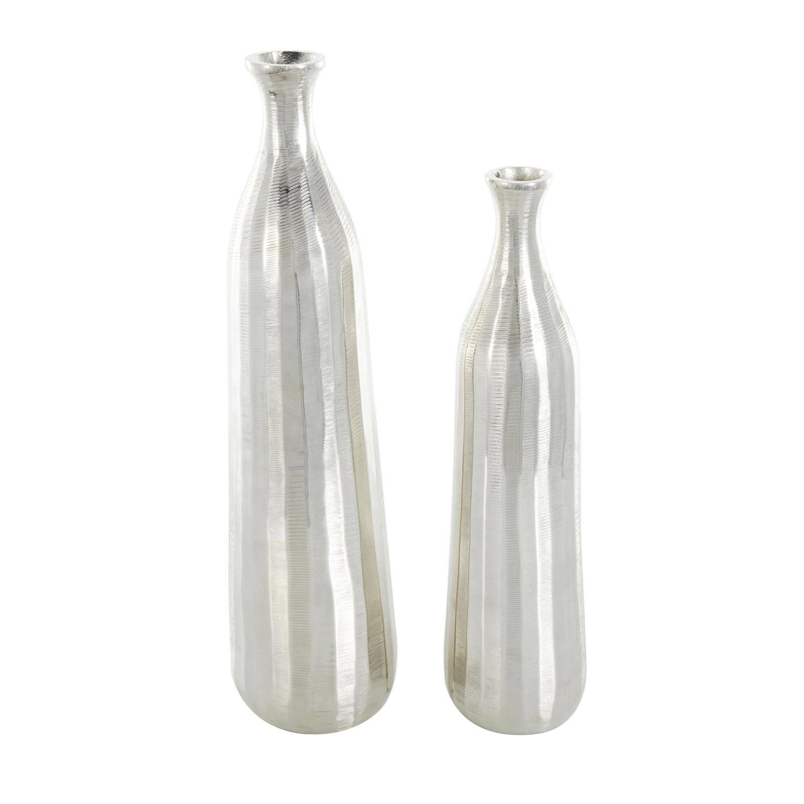 Silver Decorative Aluminum Vase Set with Wavy Accents & Textured Ridges