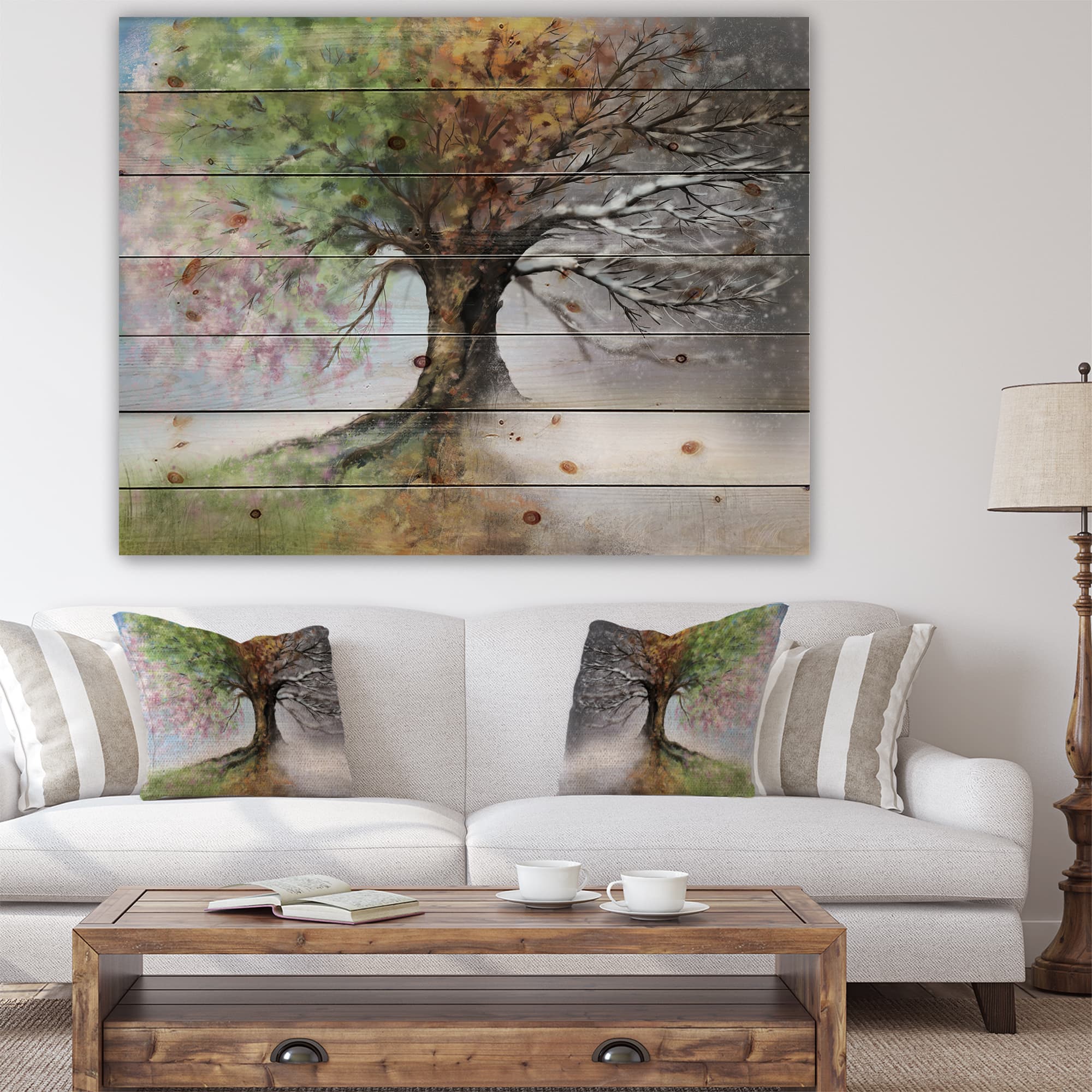 Designart - Tree with Four Seasons - Tree Painting Print on Natural Pine Wood
