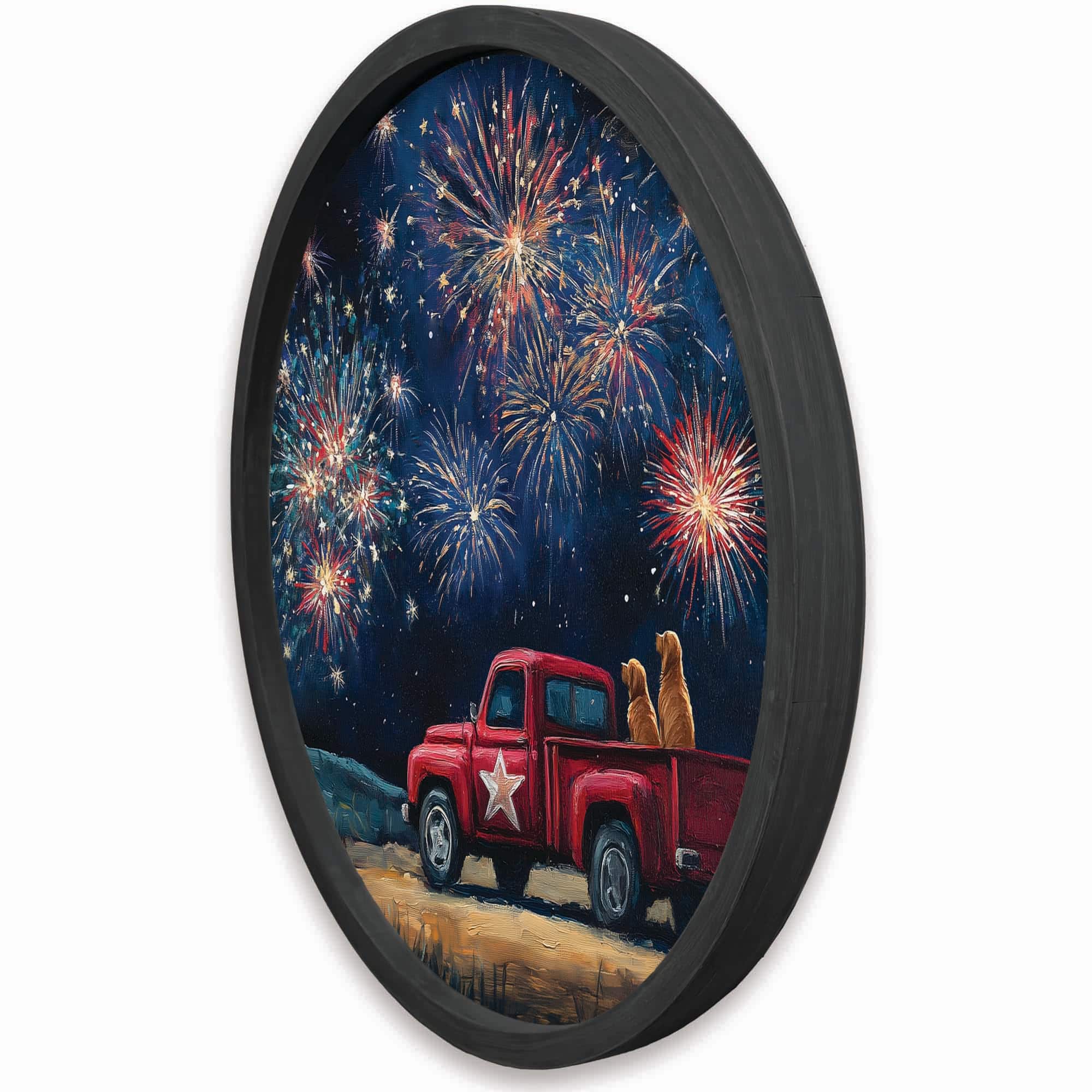20" Goldens Watching Fireworks Round Framed Print