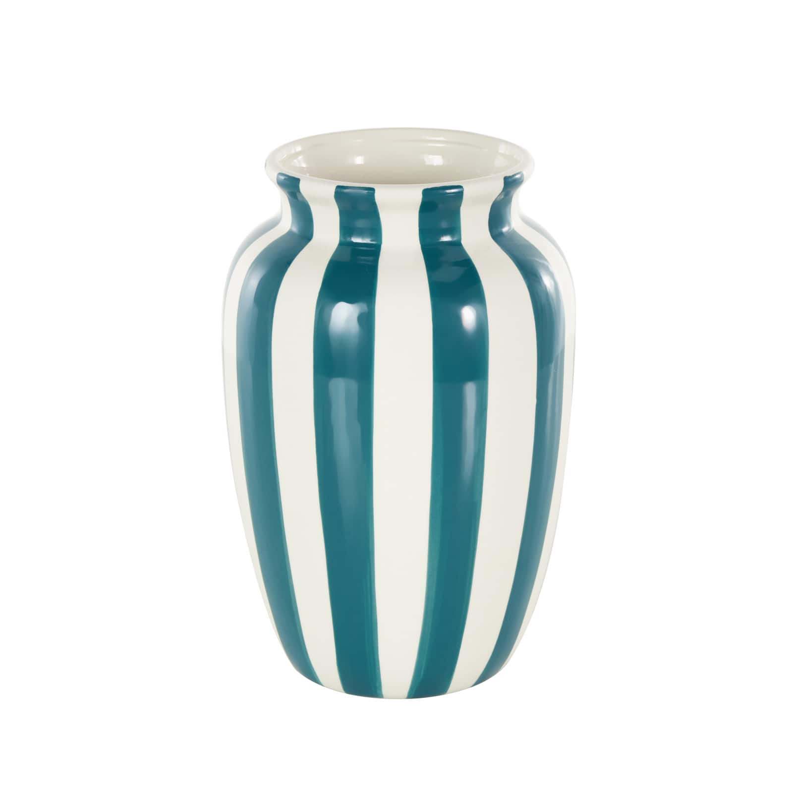 9.5" White & Teal Stripes Round Wide Ceramic Vase