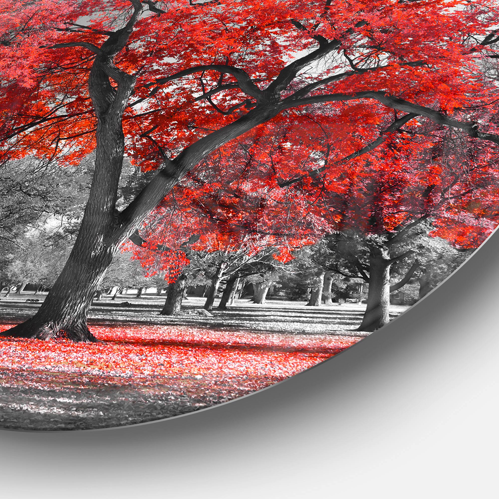 Designart - Big Red Tree on Foggy Day&#x27; Landscape Round Circle Metal Wall Art