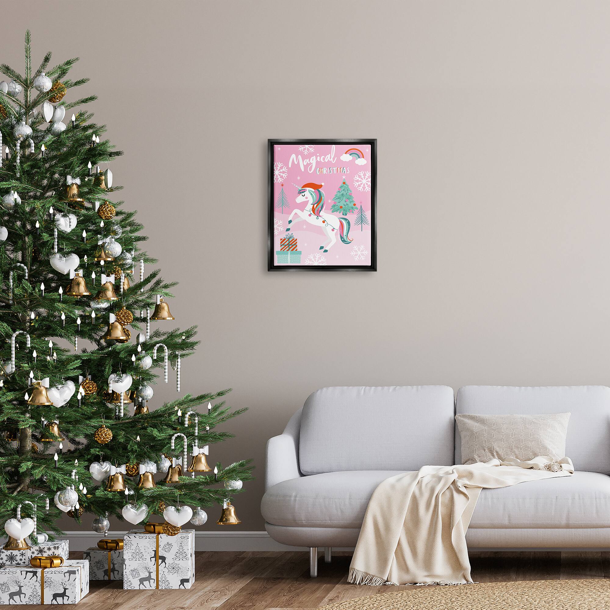 Stupell Industries Magical Christmas Pink Unicorn Framed Floater Canvas Wall Art