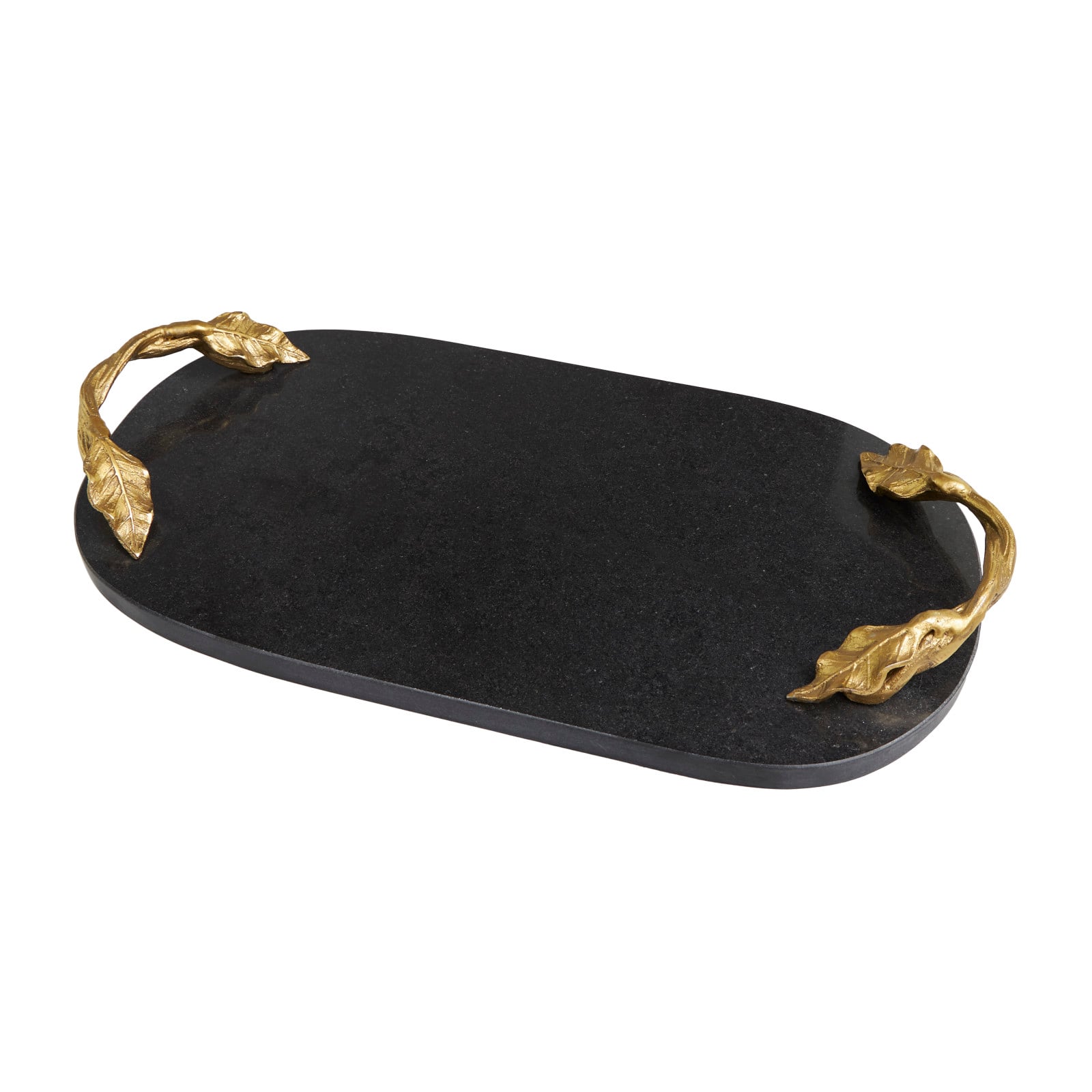 19&#x22; Black Marble Oval Tray with Gold Leaf Handles