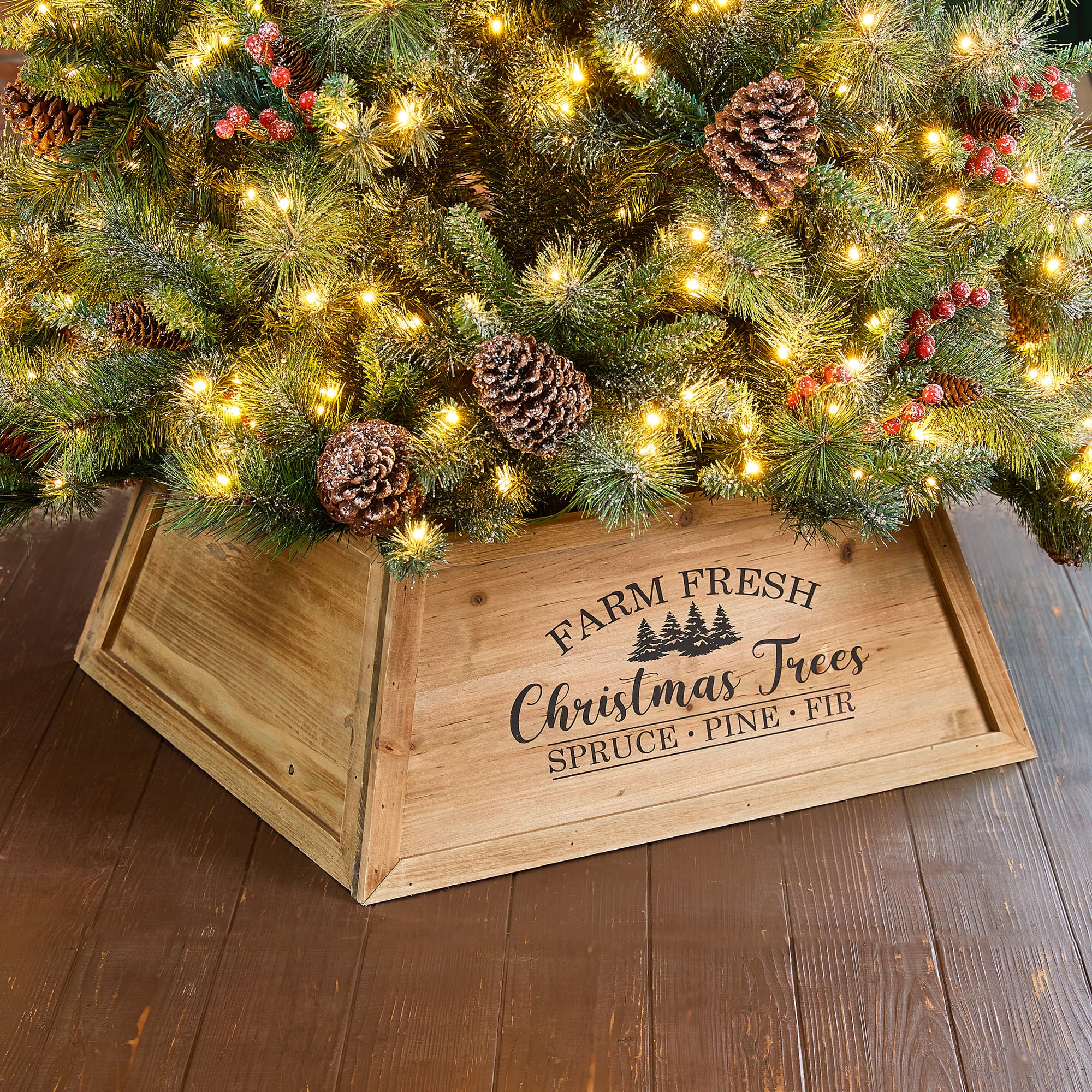 Glitzhome® Natural 26" Farm Fresh Christmas Trees Wooden Trapezoid Tree Collar