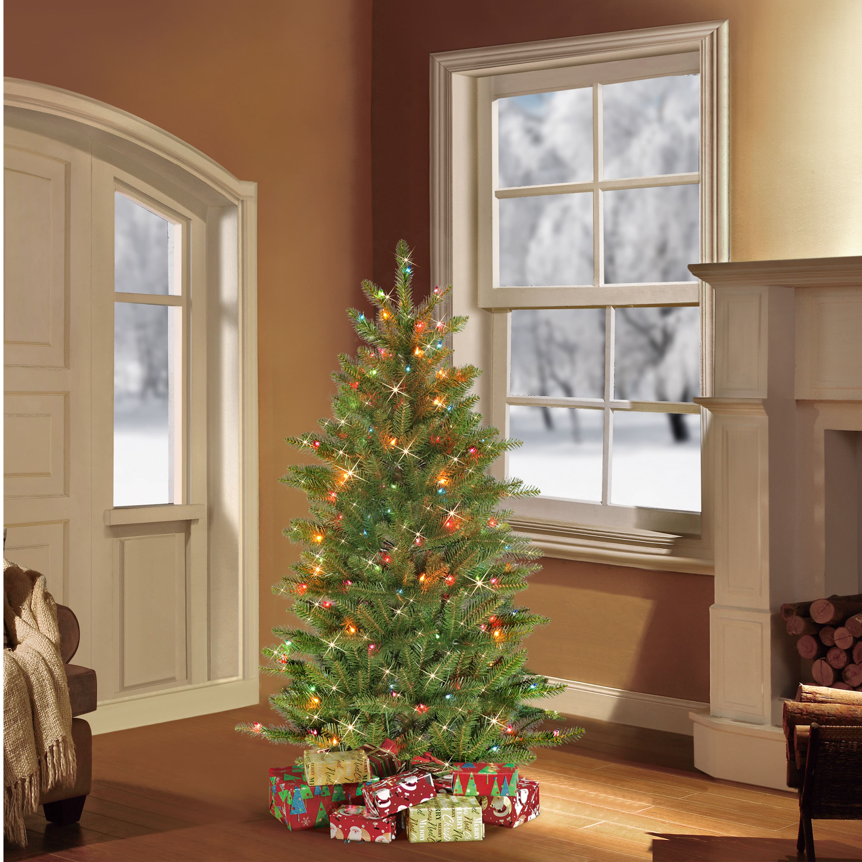 4.5ft. Pre-Lit Slim Fraser Fir Artificial Christmas Tree, Multicolor Lights